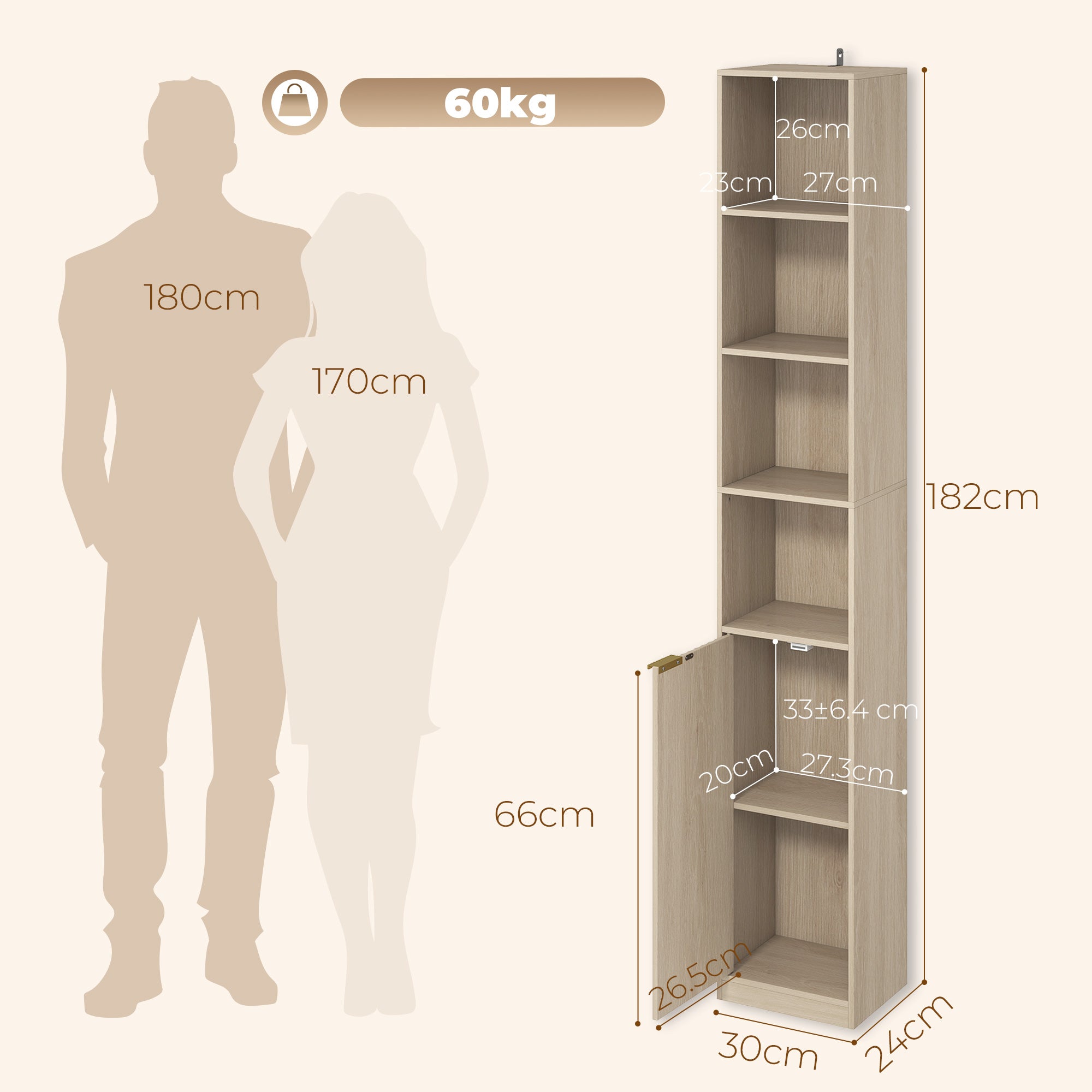 Bookcase, 6-Tier Tall Bookshelf, Open Book Shelf with Storage Cabinet and Adjustable Shelf, Anti-Tip Hardware for Living Room, Bedroom, Home Office, Oak Wood Effect