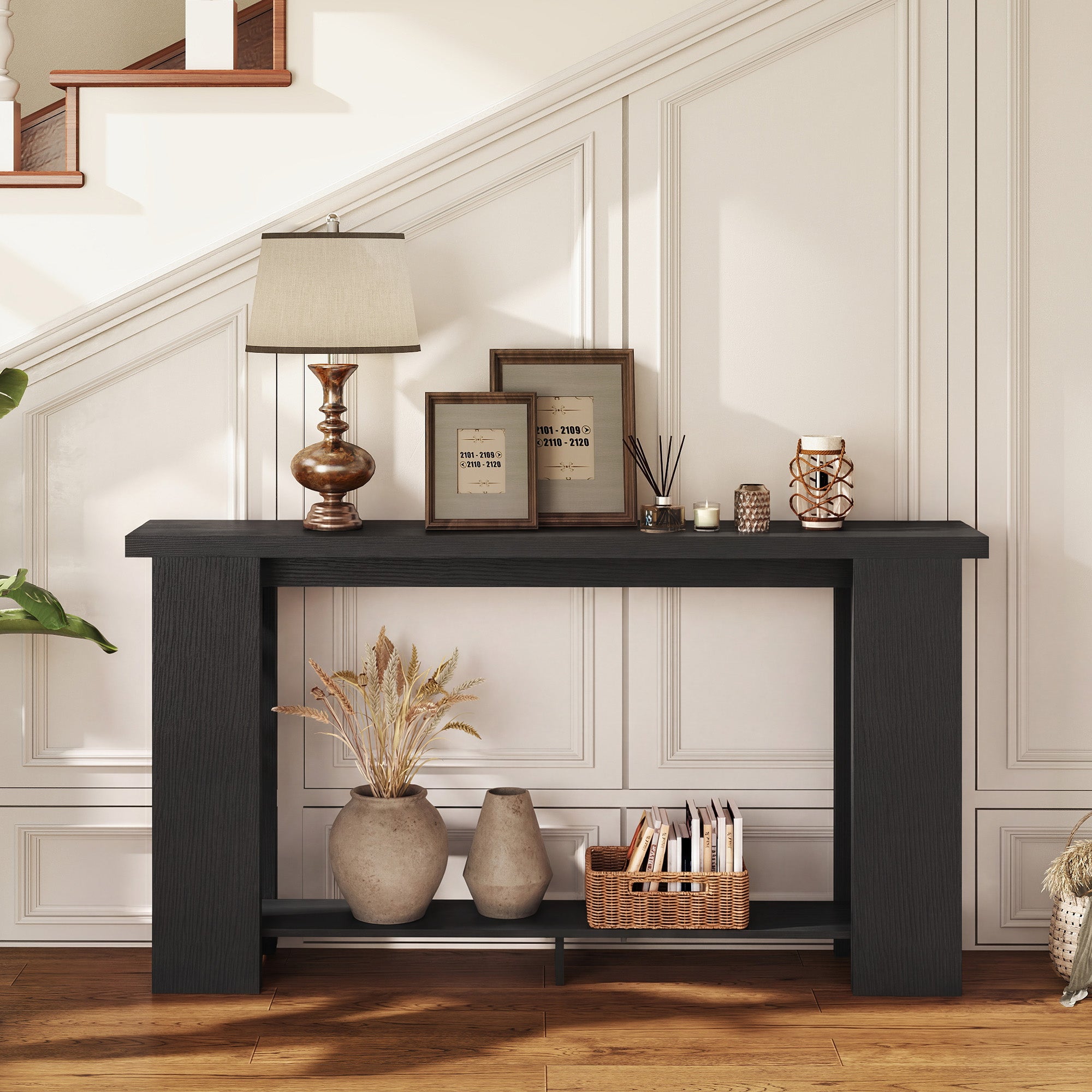 Farmhouse Console Table, 63" Narrow Entryway Table with Storage Shelf and Thickened Tabletop for Living Room, Hallway, Entrance, Distressed Black