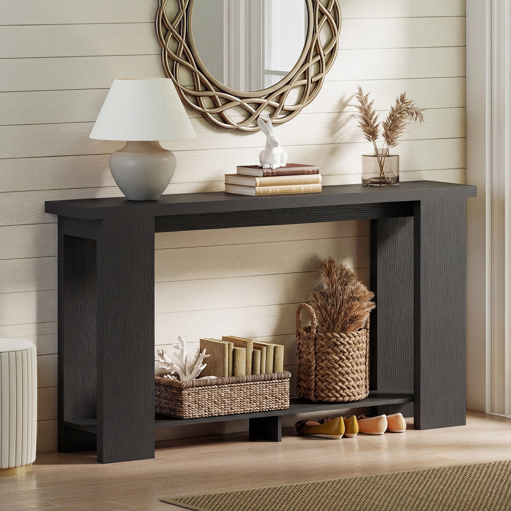 Farmhouse Console Table, 63" Narrow Entryway Table with Storage Shelf and Thickened Tabletop for Living Room, Hallway, Entrance, Distressed Black
