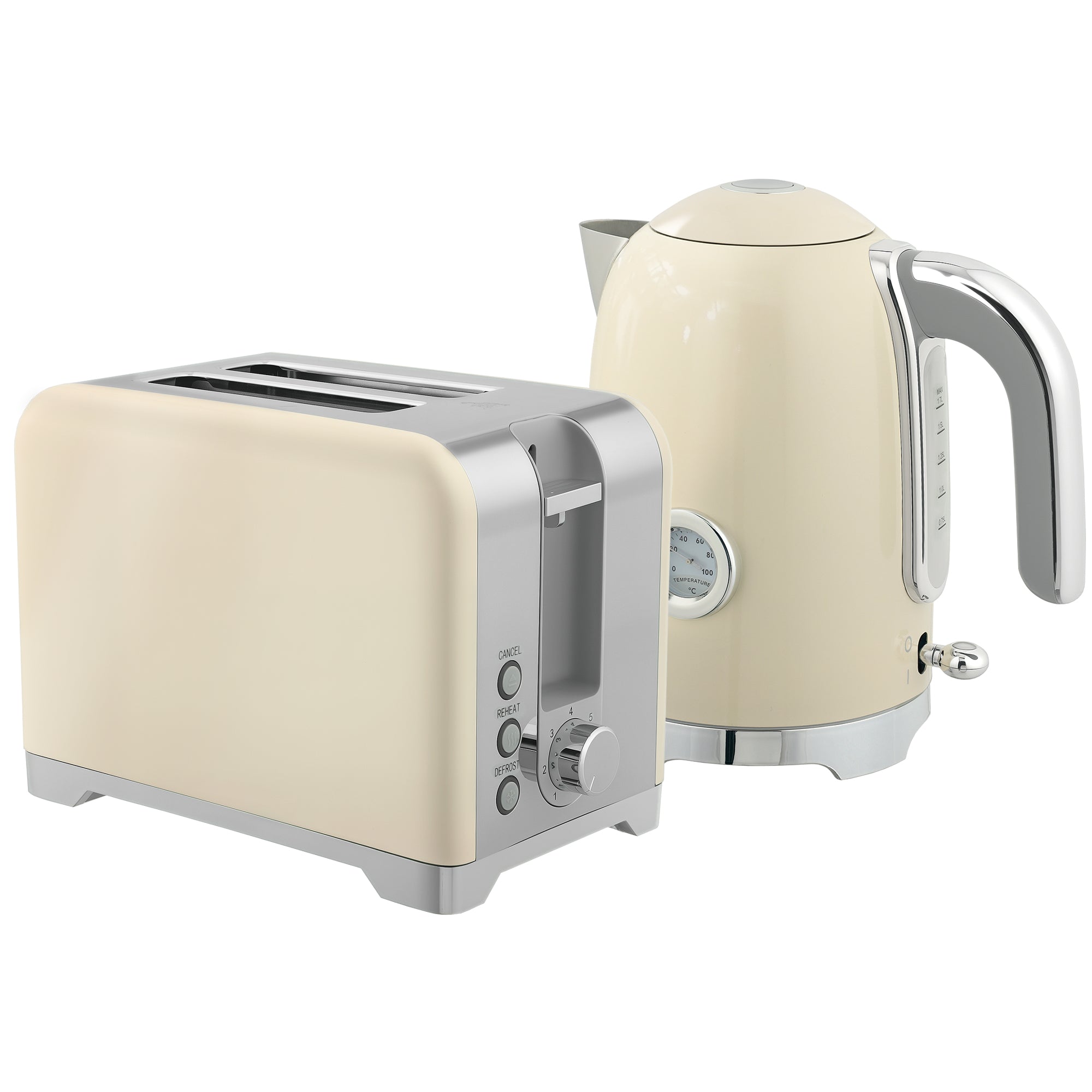 Kettle and Toaster Set with Temperature Gauge, 1.7L 3000W Rapid Boil Jug Kettle with Otter Thermostat, Limescale Filter, 2 Slice Toaster with 7 Browning Controls, Crumb Tray, Cream