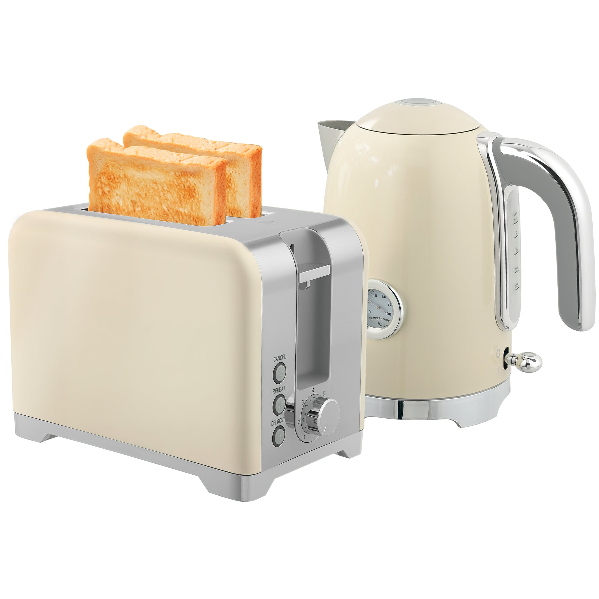 Kettle and Toaster Set with Temperature Gauge, 1.7L 3000W Rapid Boil Jug Kettle with Otter Thermostat, Limescale Filter, 2 Slice Toaster with 7 Browning Controls, Crumb Tray, Cream