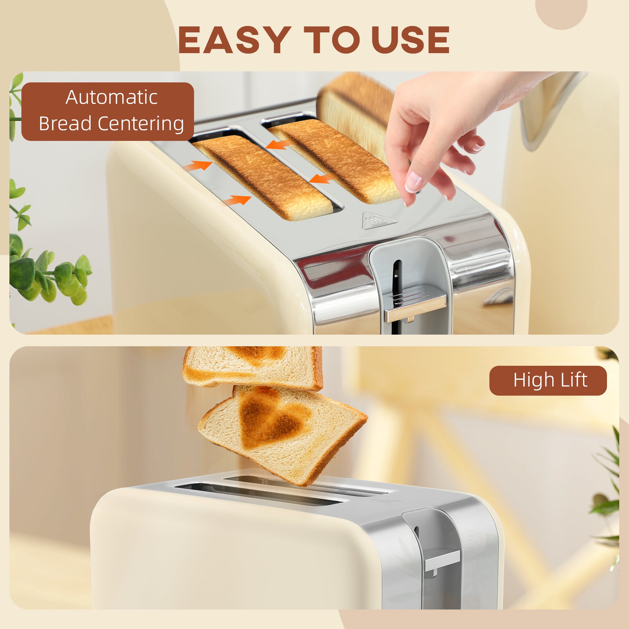 Kettle and Toaster Set with Temperature Gauge, 1.7L 3000W Rapid Boil Jug Kettle with Otter Thermostat, Limescale Filter, 2 Slice Toaster with 7 Browning Controls, Crumb Tray, Cream