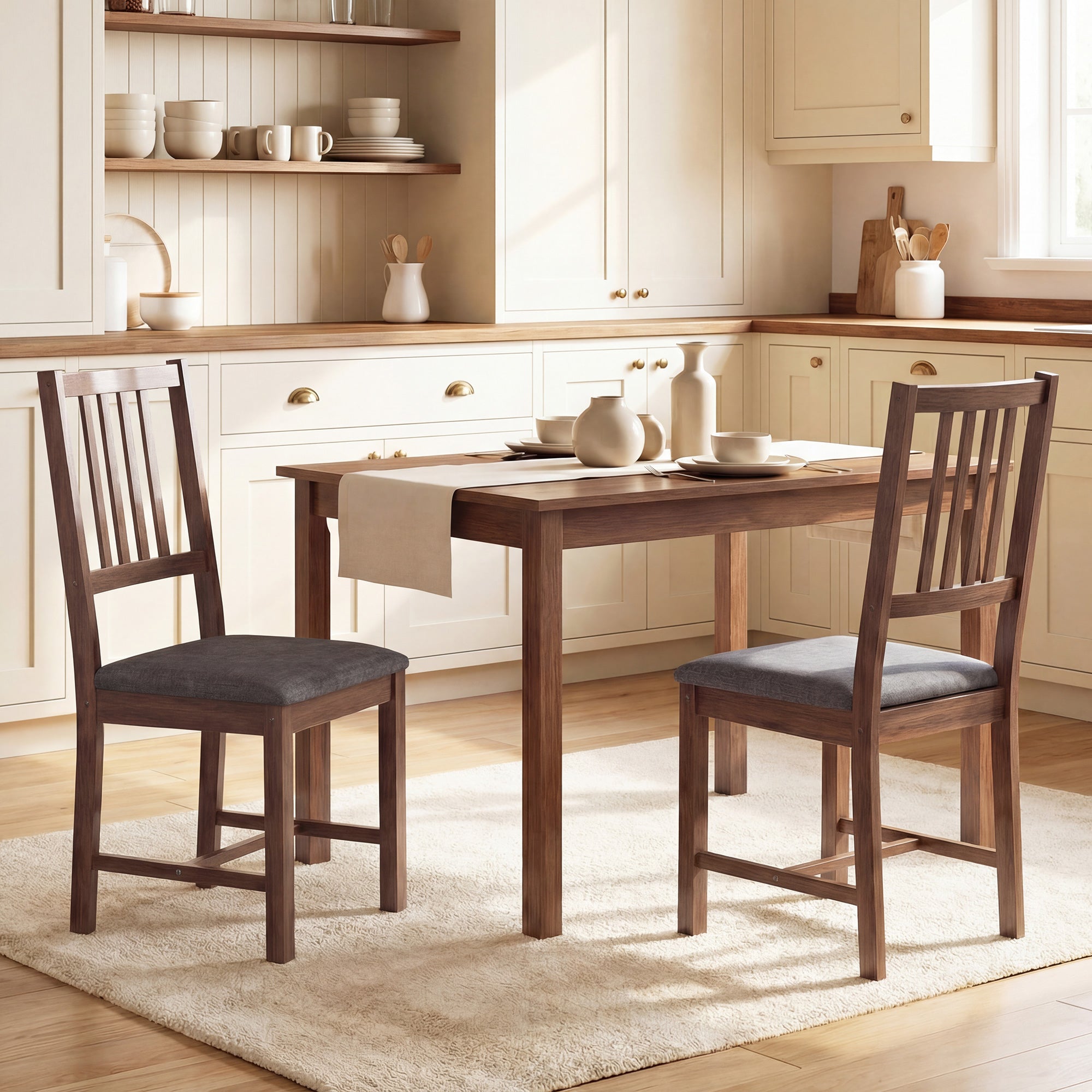 Wooden Dining Chairs Set of 2, Mid-Century Modern Upholstered Kitchen Chairs with Slat Backrest, Rubberwood Legs and Padded Seat for Dining Room, Living Room, Gray