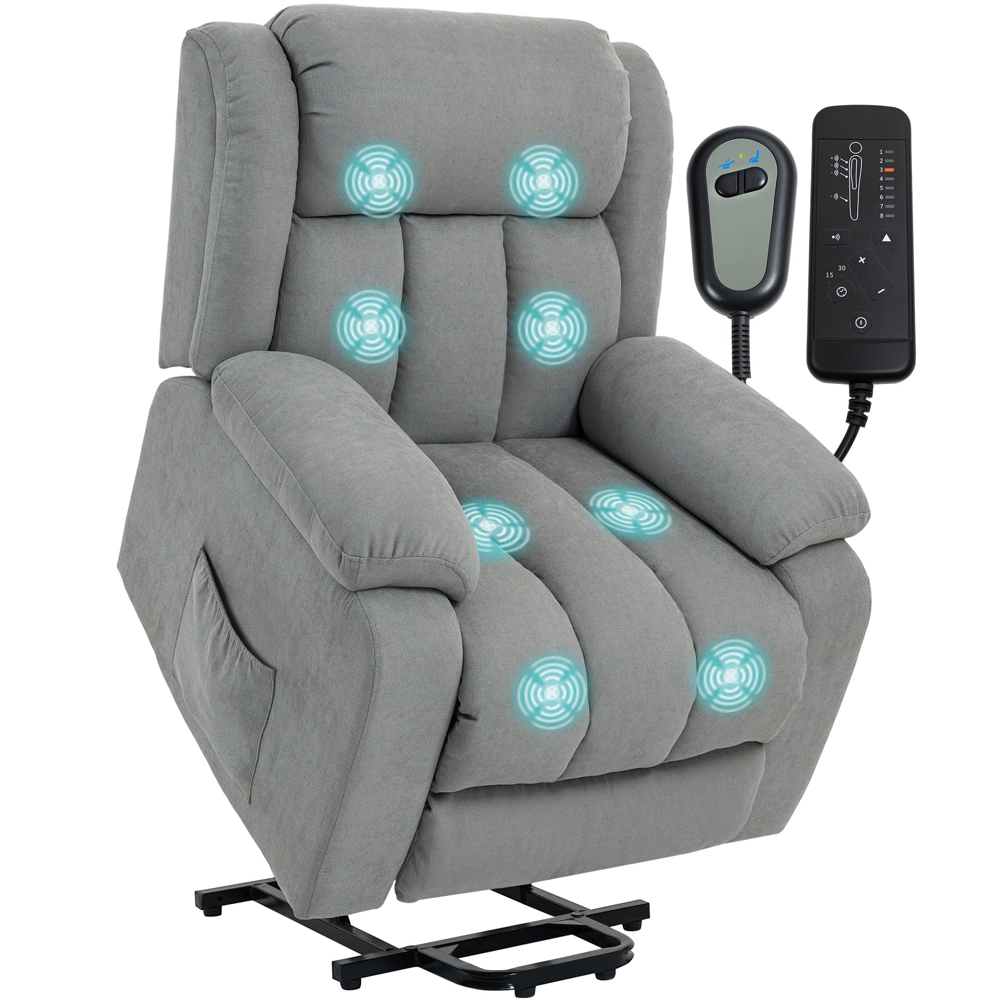 Power Lift Recliner Chair with Massage, Linen Overstuffed Lift Chair for Elderly, Electric Recliner Armchair with Footrest, Remote Control and Side Pocket, for Living Room, Light Grey