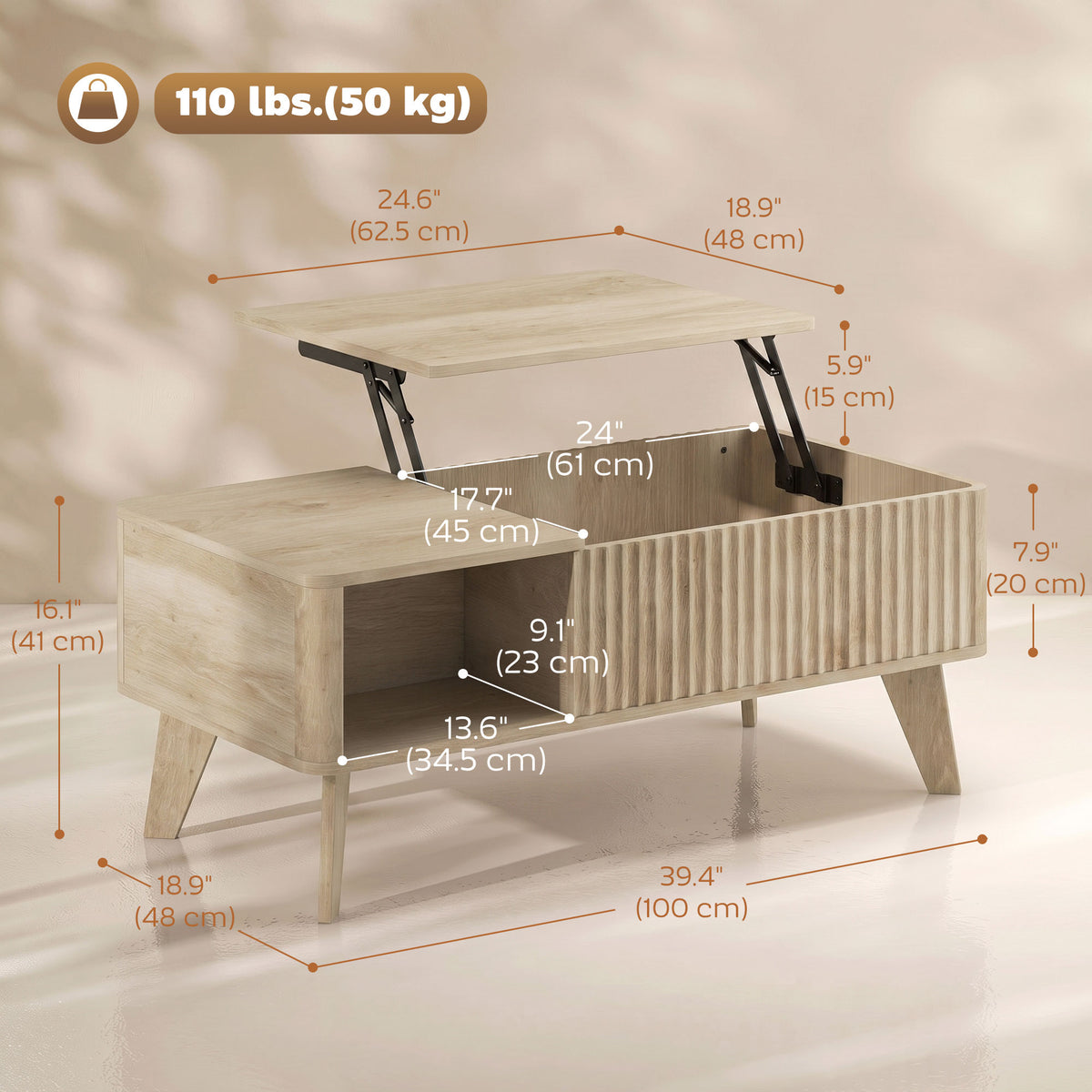 40" Fluted Lift Top Coffee Table with Storage, Mid-Century Modern Coffee Table with Hidden Compartment, Open Shelf and Rounded Corners for Living Room, Oak