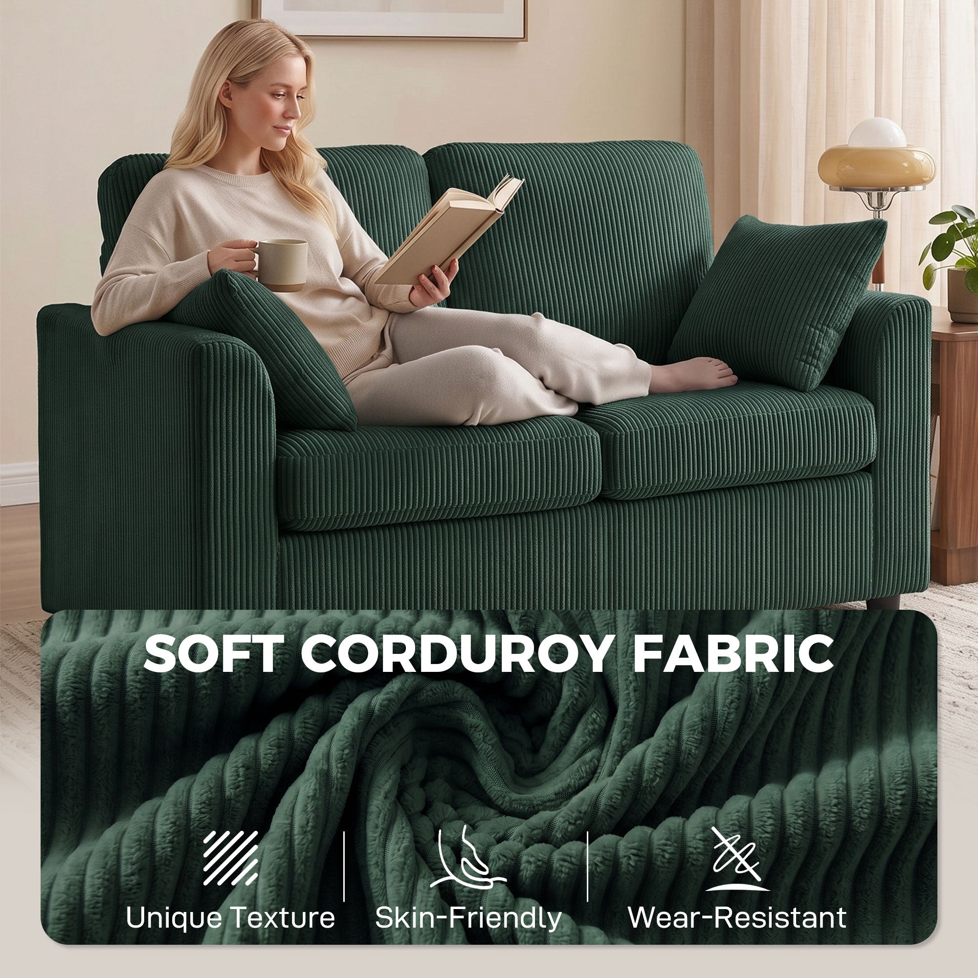 2 Seater Sofa, 144cm Corduroy Small Couch with Spring Cushion, Wide and Deep Seat, Plush Backrest, 2 Pillows, Loveseat Sofa Settee for Small Space, Living Room, Bedroom, Home Office, Dark Green