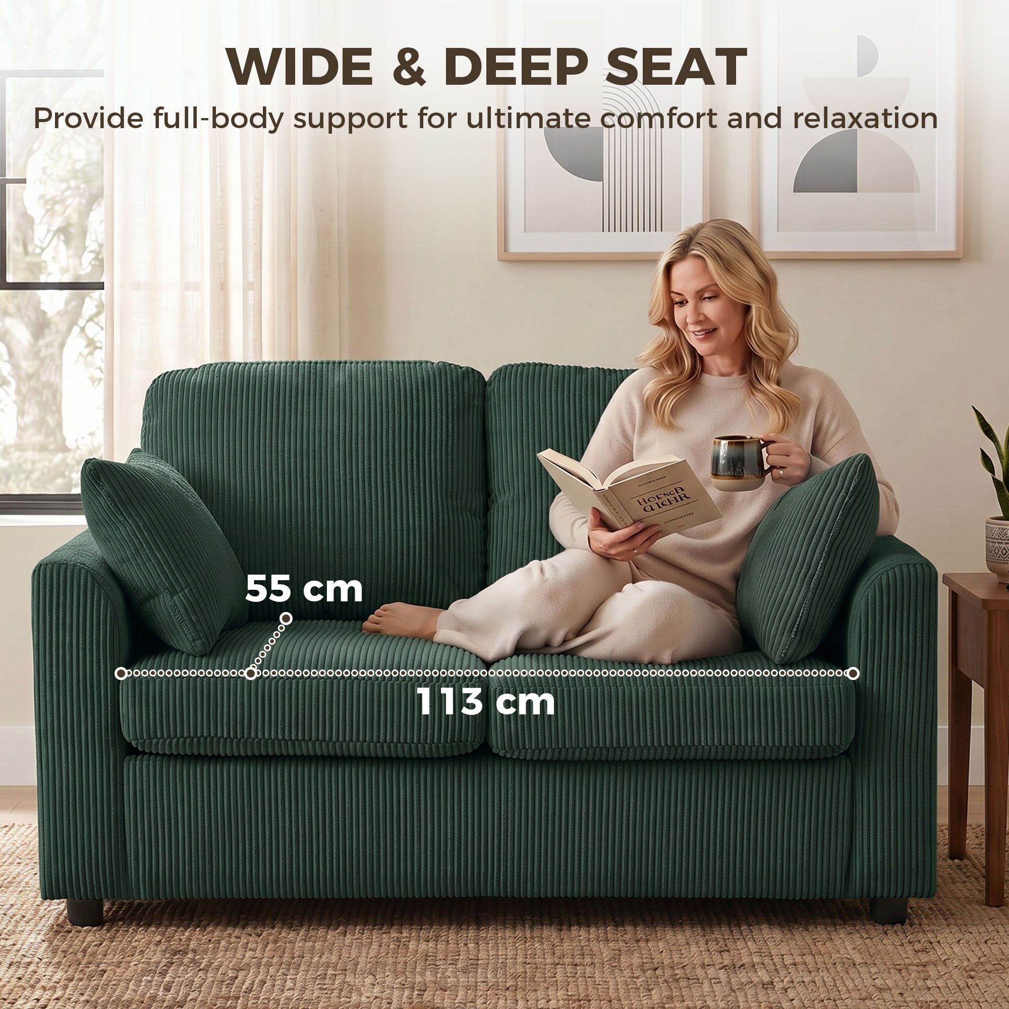 2 Seater Sofa, 144cm Corduroy Small Couch with Spring Cushion, Wide and Deep Seat, Plush Backrest, 2 Pillows, Loveseat Sofa Settee for Small Space, Living Room, Bedroom, Home Office, Dark Green