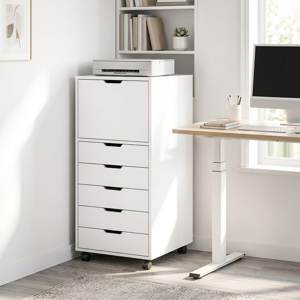 5 Drawer Vertical File Cabinet with Lockable Wheels and Soft-Close Cabinet, Mobile Filing Cabinet for Home Office, Rolling Printer Stand for A4 Letter-Size Documents, White