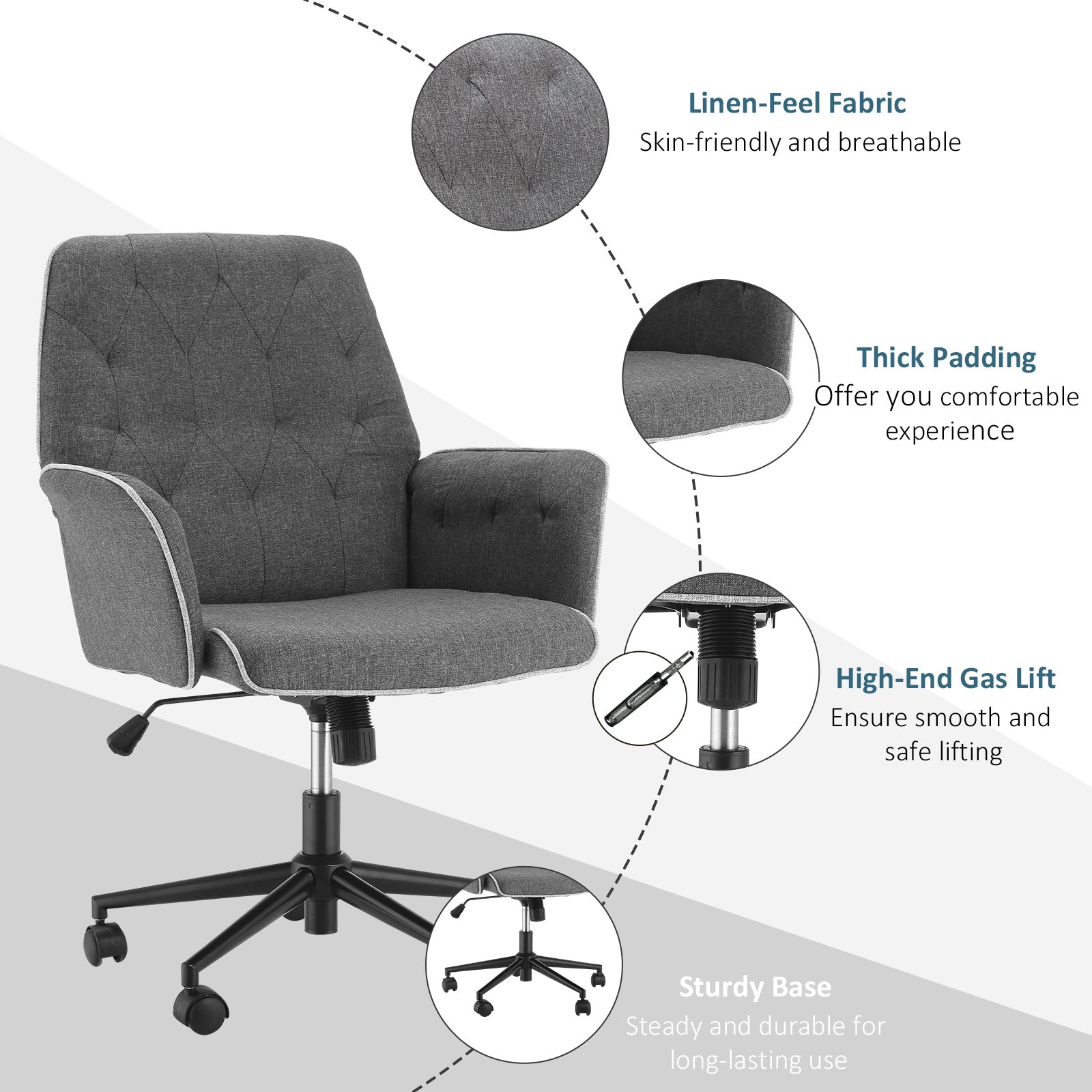 HOMCOM Office Chair, Fabric Study Chair, Mid-Back Tufted Desk Chair with Swivel Wheels, Adjustable Height, Grey