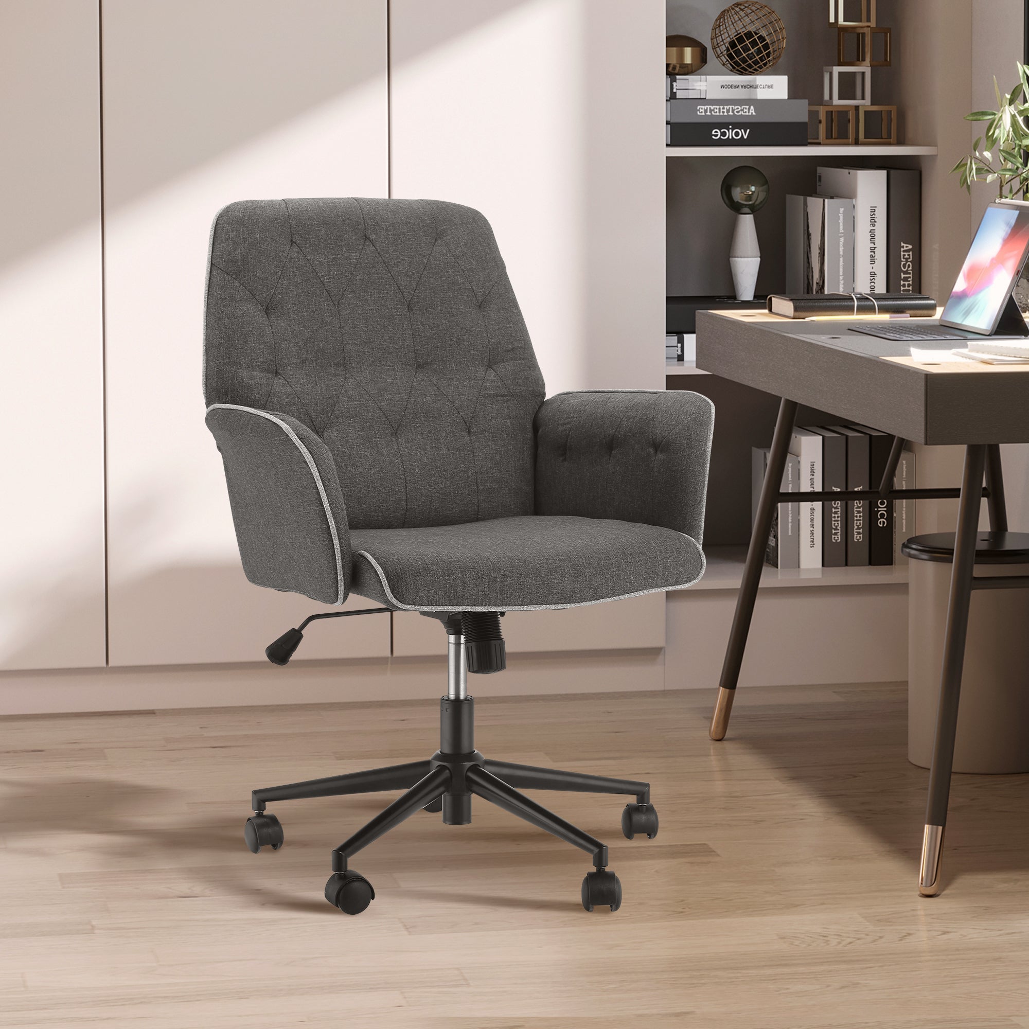 HOMCOM Office Chair, Fabric Study Chair, Mid-Back Tufted Desk Chair with Swivel Wheels, Adjustable Height, Grey