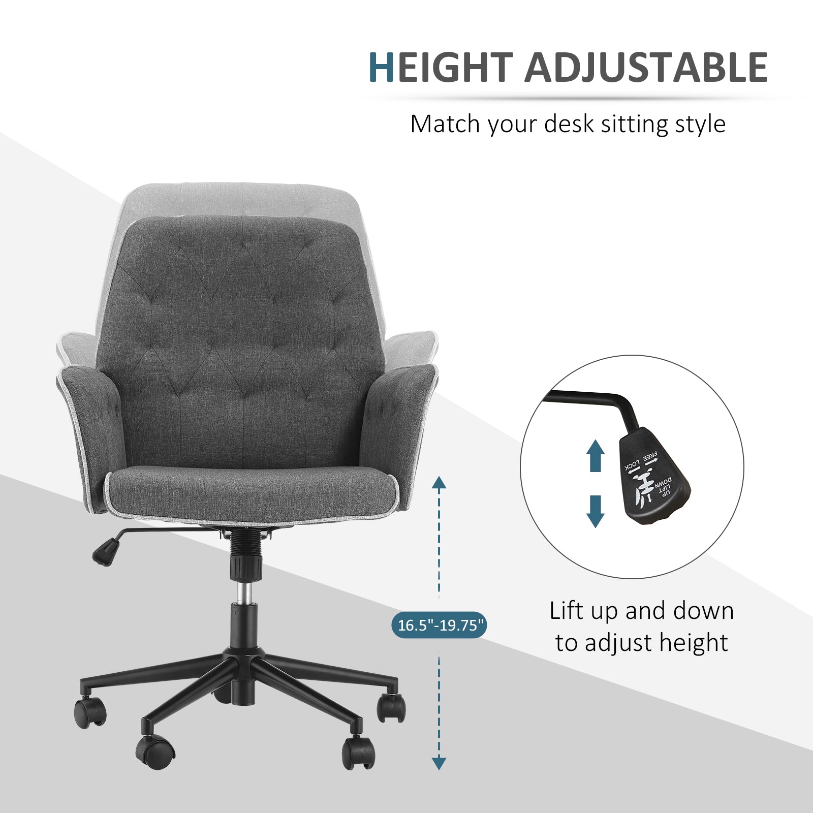 HOMCOM Office Chair, Fabric Study Chair, Mid-Back Tufted Desk Chair with Swivel Wheels, Adjustable Height, Grey