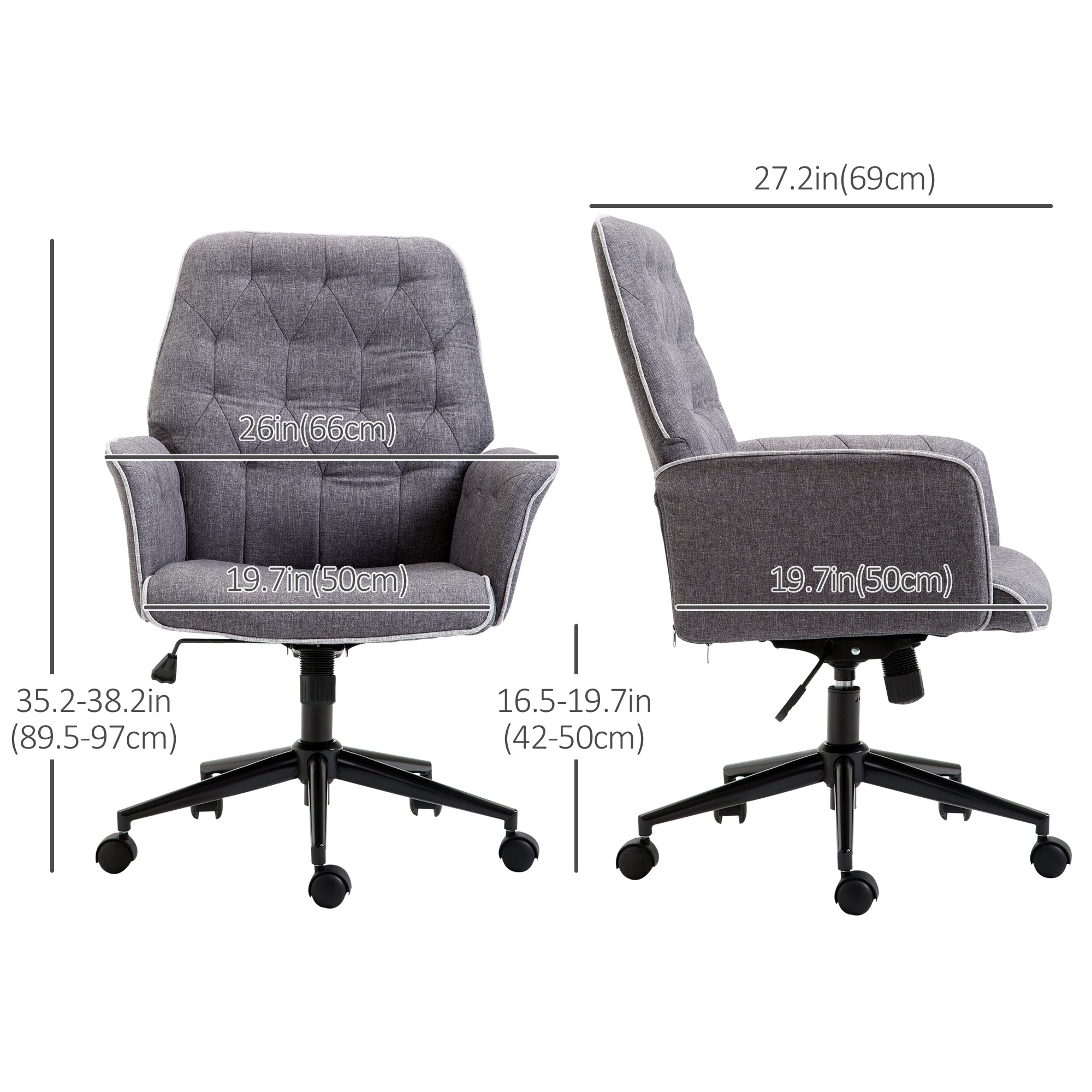 HOMCOM Office Chair, Fabric Study Chair, Mid-Back Tufted Desk Chair with Swivel Wheels, Adjustable Height, Grey