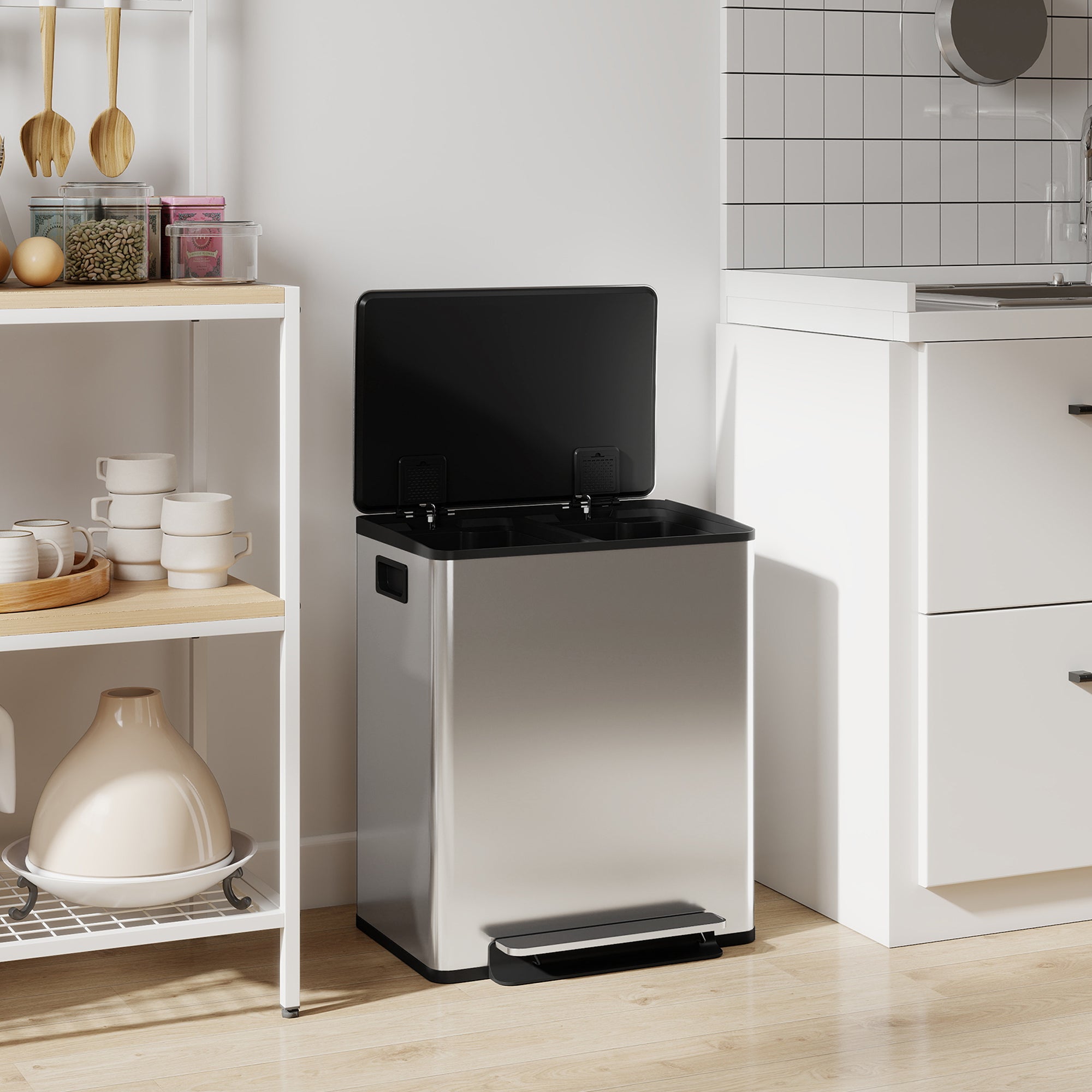 Dual Kitchen Bin, 2 x 25L Stainless Steel Double Pedal Bin with Soft-Close Lid, Removable Inner Buckets and Handles for Recycling and Waste, Silver