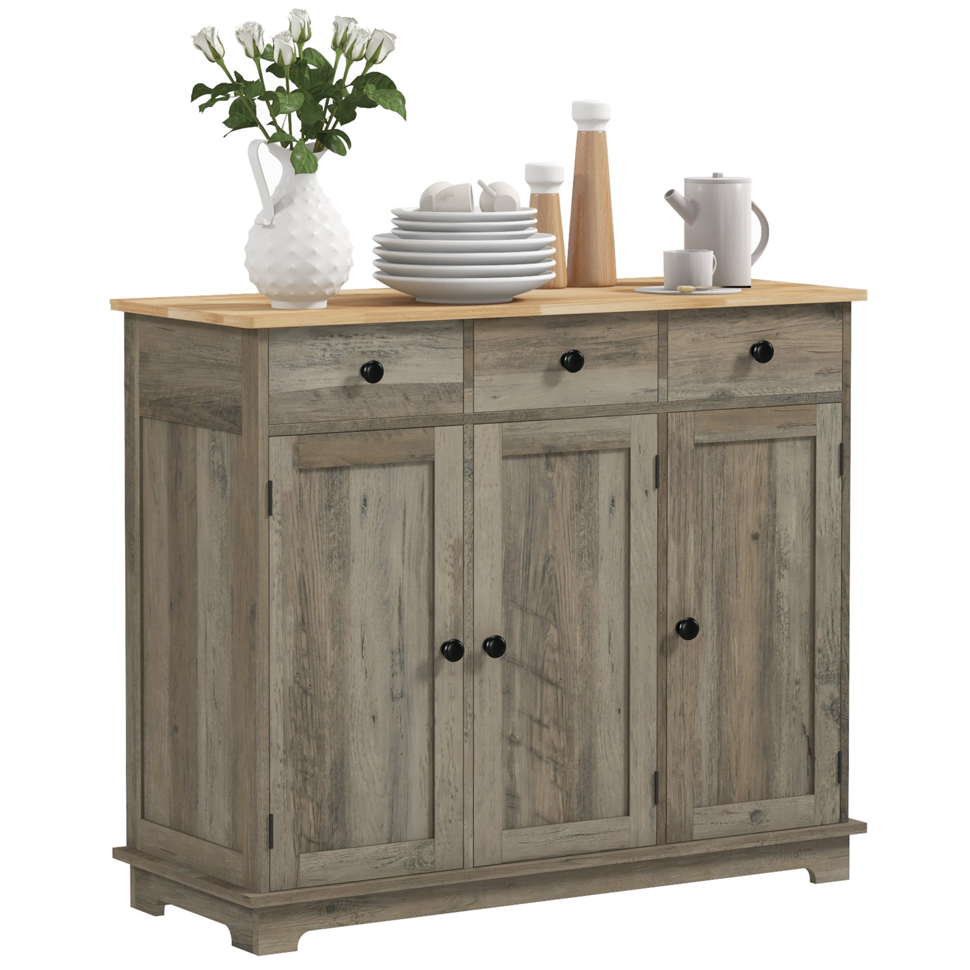 Kitchen Storage Cabinet, Sideboard Floor Cupboard with Solid Wood Top, Adjustable Shelf, and 3 Drawers, Distressed Gray