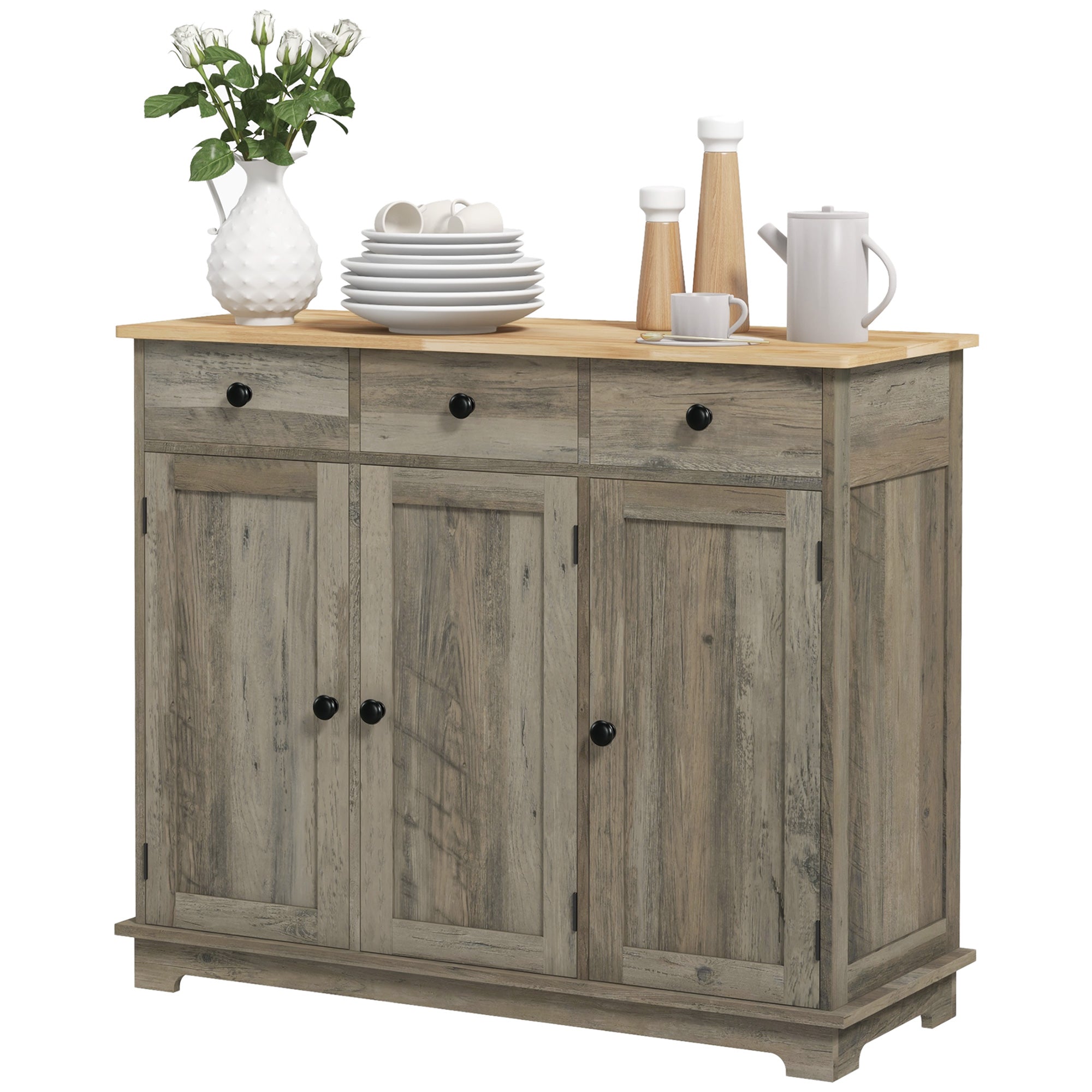 Kitchen Storage Cabinet, Sideboard Floor Cupboard with Solid Wood Top, Adjustable Shelf, and 3 Drawers, Distressed Gray