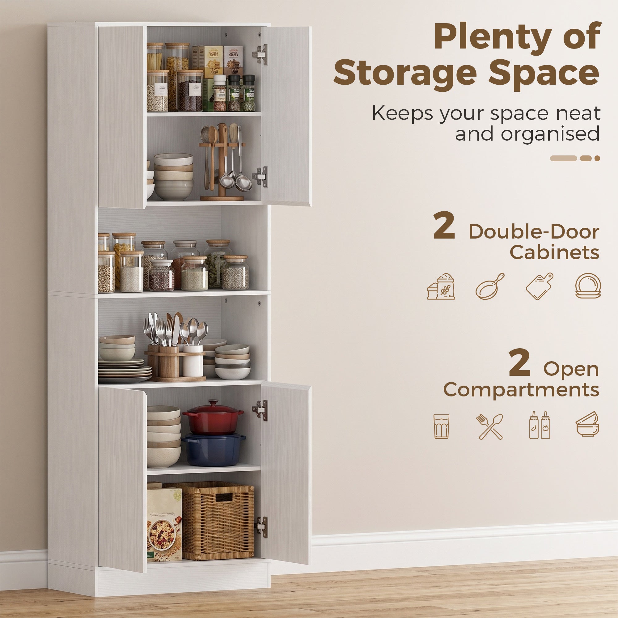 170 cm Tall Kitchen Cupboard, Pantry Storage Cabinet with Soft-Close Hinges, Freestanding Kitchen Cabinet with 2 Cupboards, 2 Open Shelves and Adjustable Shelves, White Wood Effect