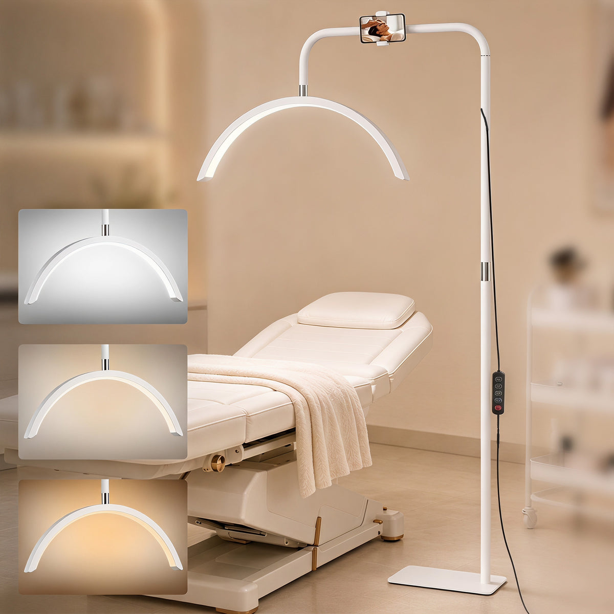 Half Moon Lash Light, Beauty Floor Lamp with 350° Rotatable Head, 7 Colour Temperature and Phone Holder, Dimmable Standing Lamp for Eyelash Extension, Tattoo, Nails, Skincare, White