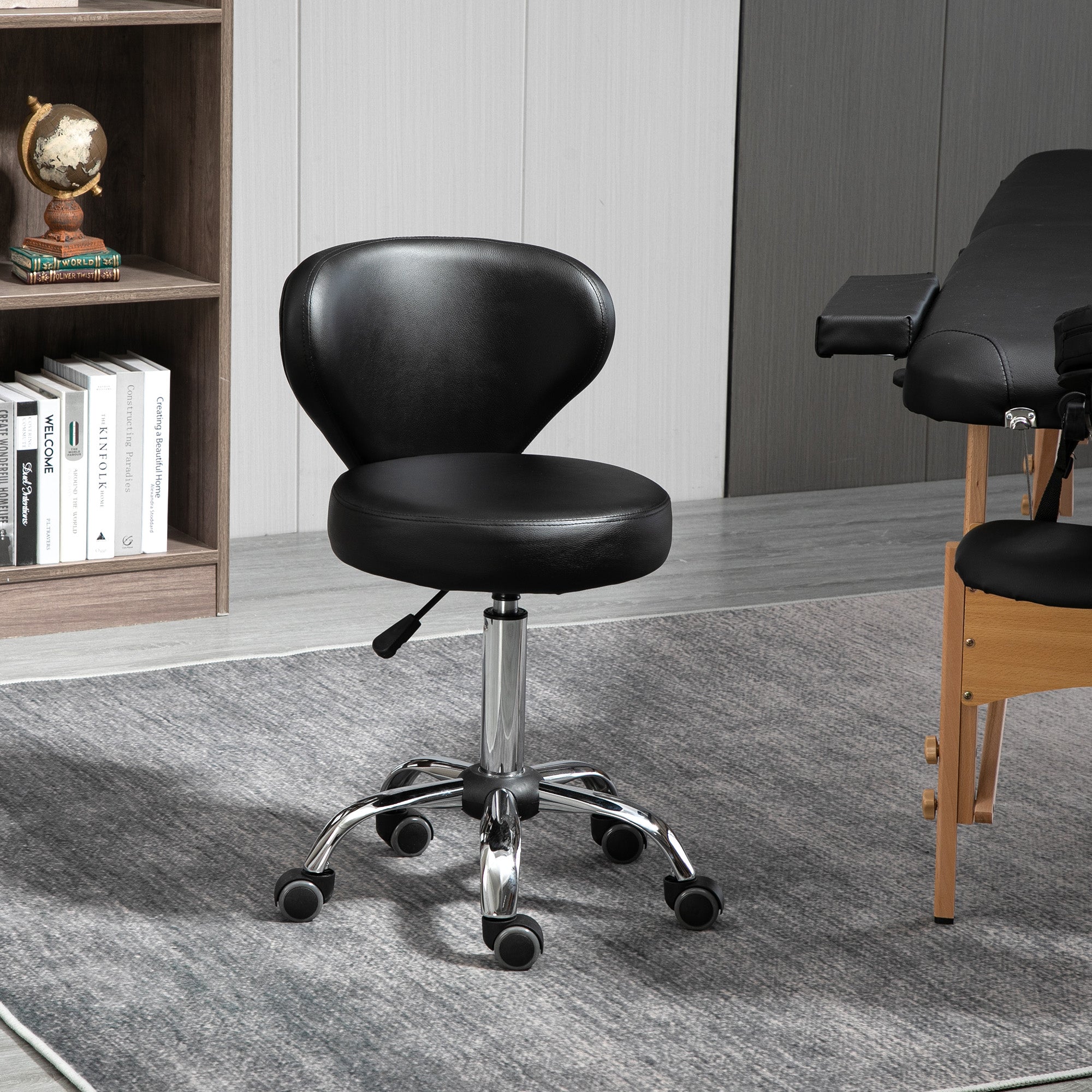 Adjustable Swivel Salon Stool with Backrest and Wheels, Office & Living Room Chair, Synthetic Leather, Black, 17.7" L x 21.3" W x 28.7" - 34.6" H