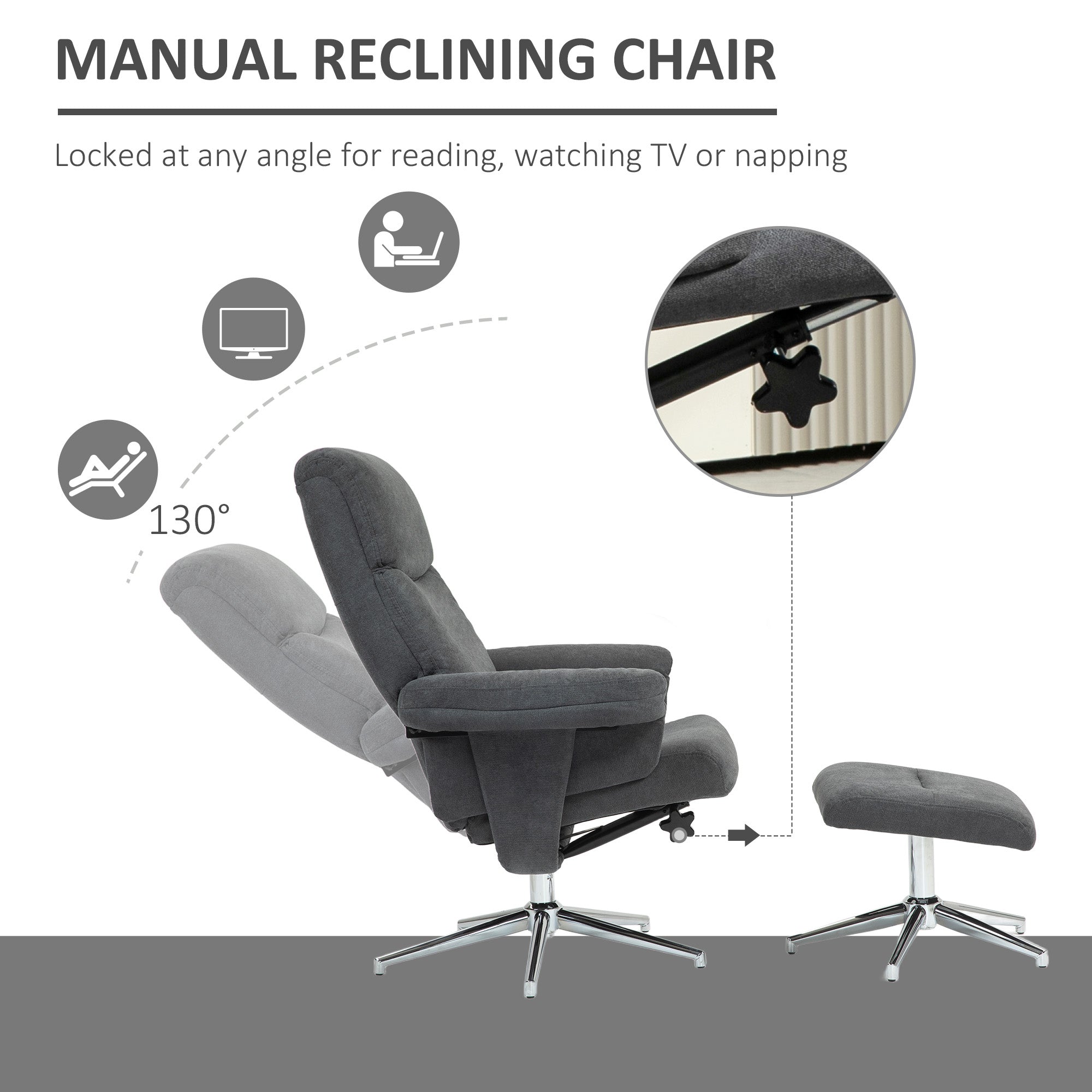 HOMCOM Recliner Chair with Footstool, Upholstered Velvet Fabric Armchair with Adjustable Back, Solid Wood Frame for Living Room, Charcoal Grey