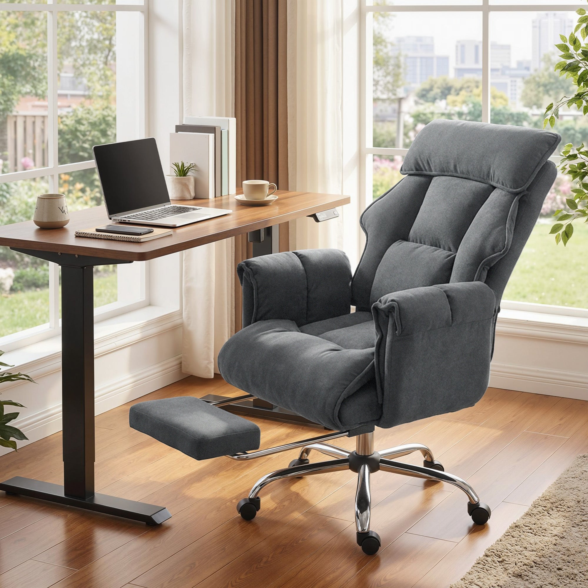 Executive Office Chair with Footrest, Reclining Swivel Computer Desk Chair with High Back, Double-layer Padding, Headrest, Adjustable Height, Rolling Wheels, Dark Grey