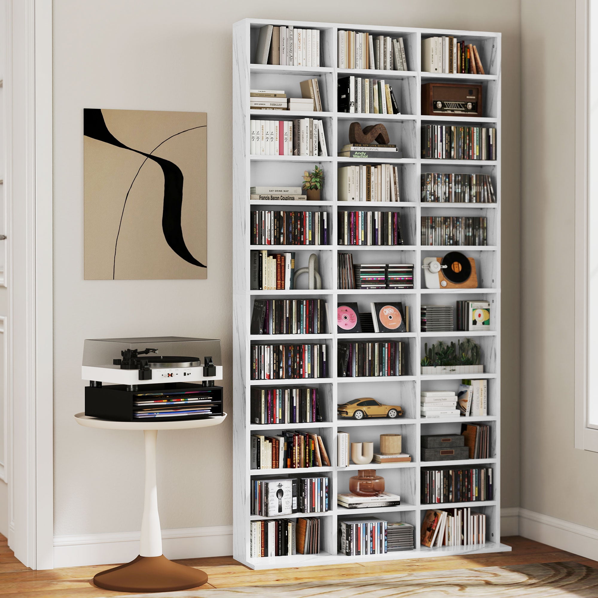1116 CD/ 528 DVD Storage Unit, Media Storage Shelf, Wooden Display Unit with Adjustable Shelves, 102 x 195 cm, Marble Effect