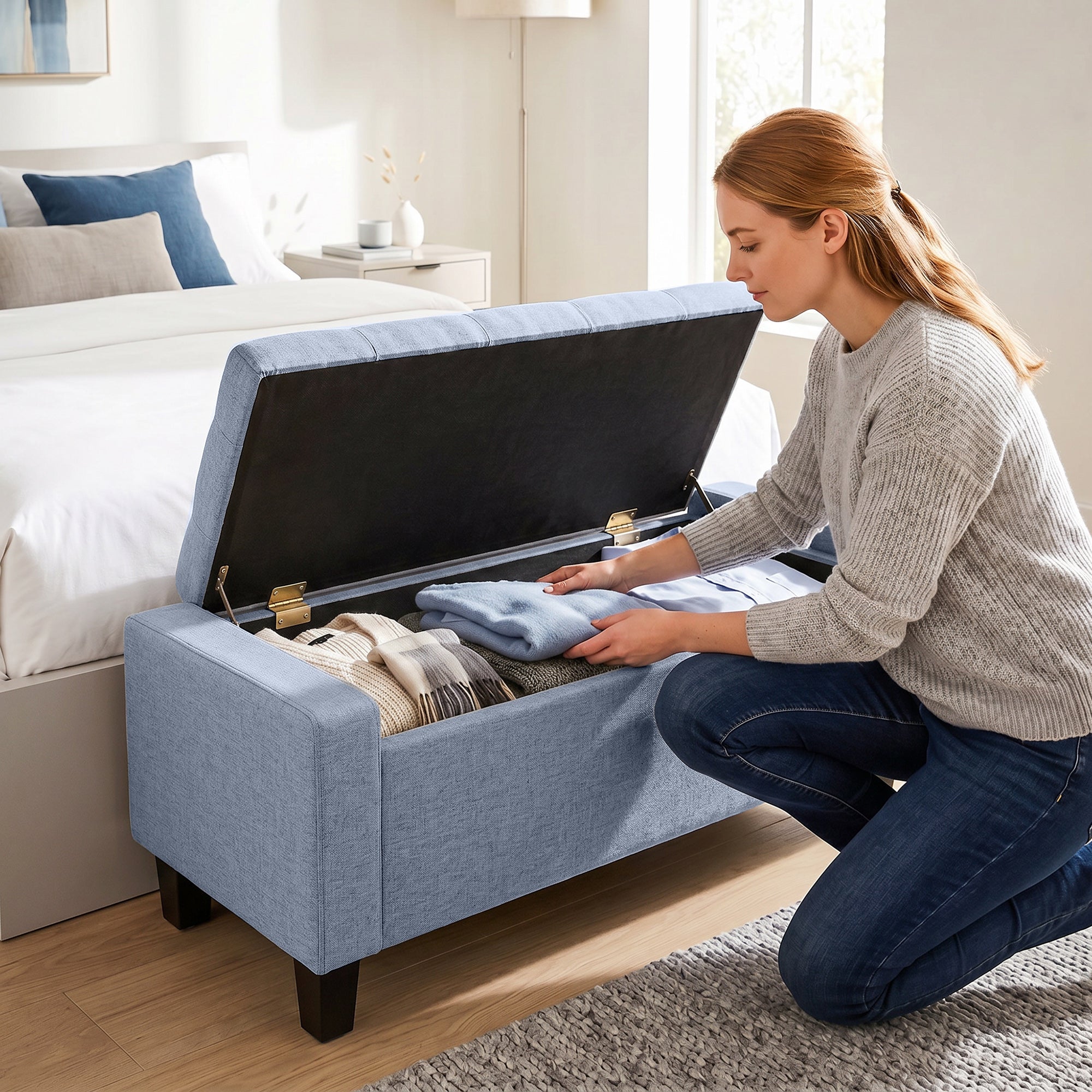 36.6" Tufted Fabric Rectangular Storage Ottoman, Sitting Bench with Armrests and Wooden Legs, Holds up to 528 lbs, for Entryway, Living Room, Bedroom, Dark Gray