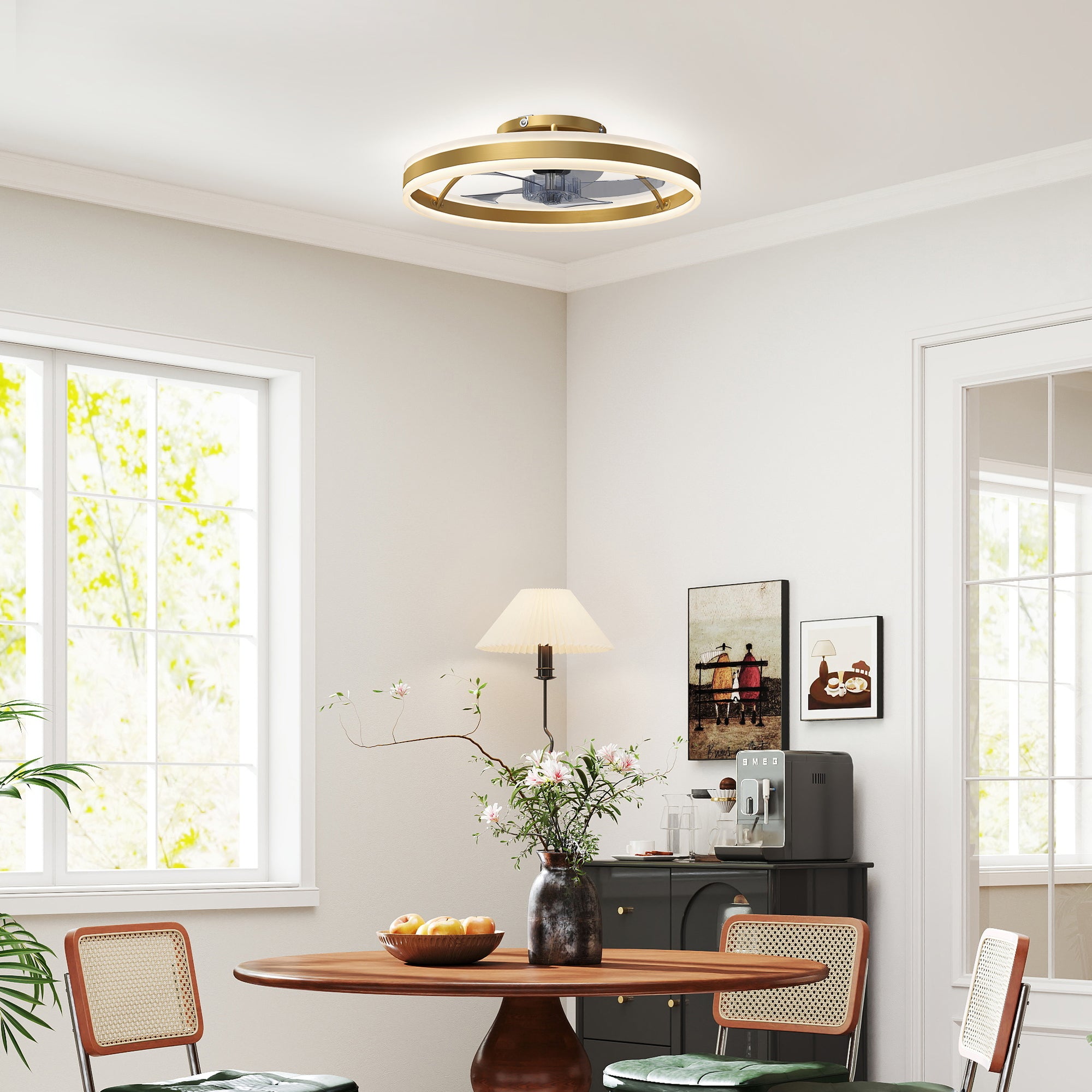 Ceiling Fans with Lights and Remote & App Control, 50 cm Modern LED Ceiling Fan Light with 3 Colour Temperatures, 6 Speed, Dimmable, Timer Quiet Reversible DC Motor, for Bedroom, Gold Tone