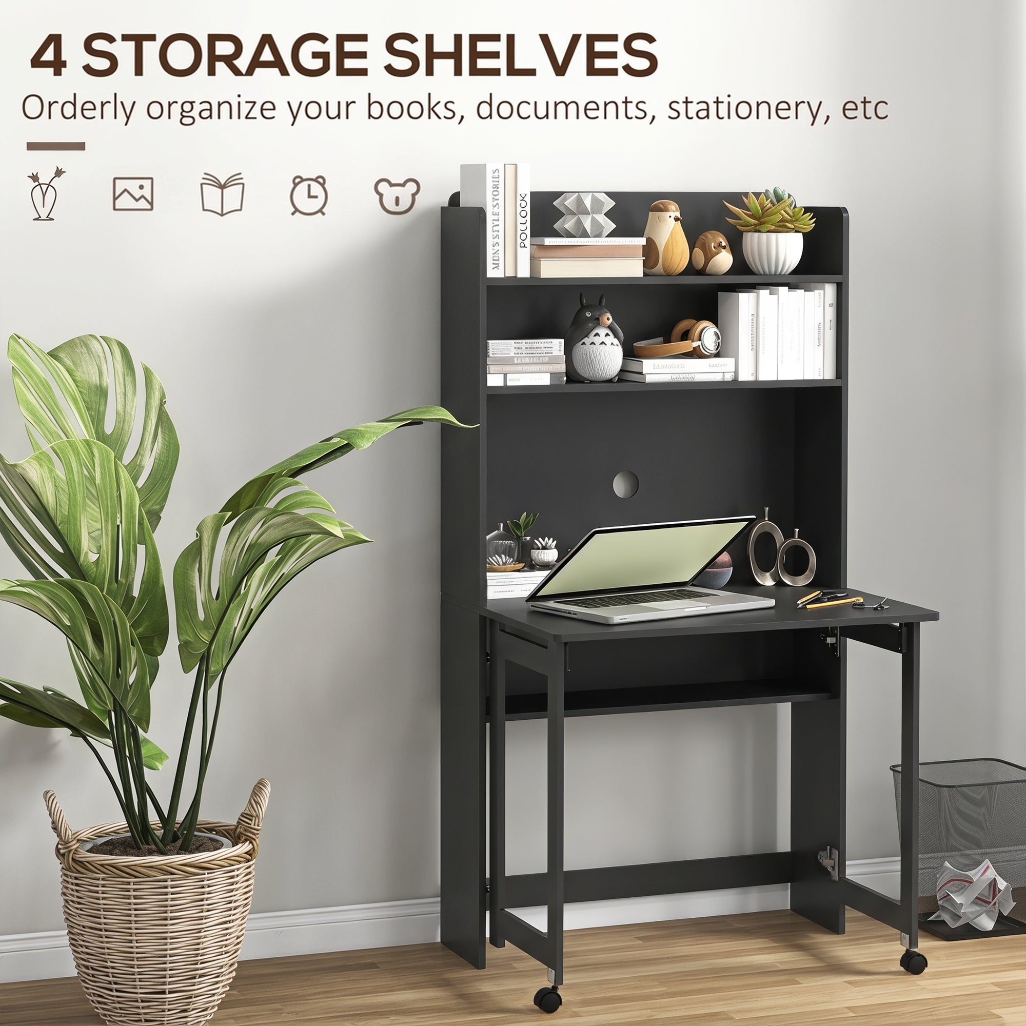 Computer Desk with Storage Shelves, Foldable Desktop with 2 Wheels, Study Table Workstation for Bedroom, Living Room and Home Office, 80 x 69 x 155 cm, Black
