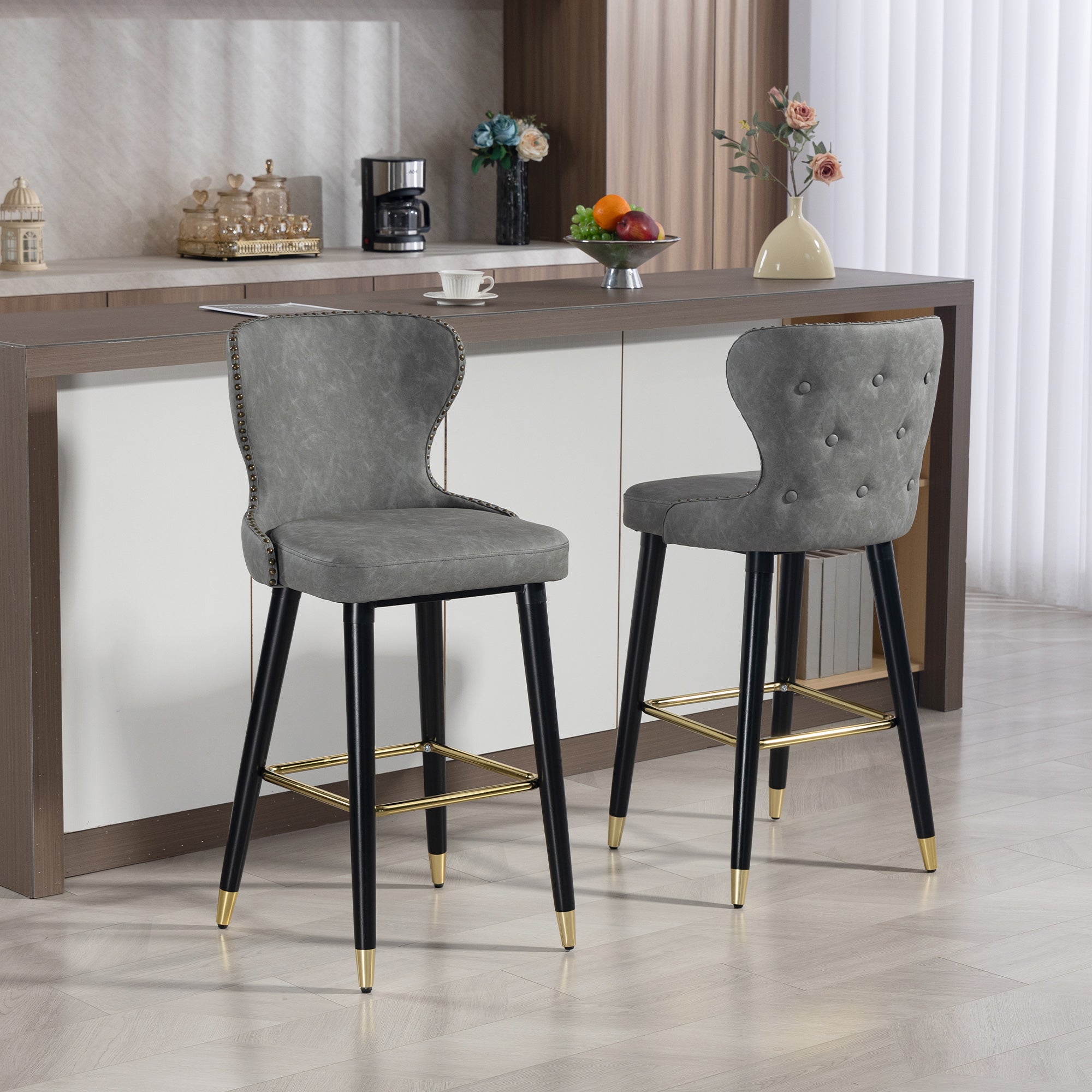 Bar Stools Set of 2, PU Leather Barstools with Backrest, Footrest and Solid Wood Legs, Dining Stools for Kitchen, Counter, Breakfast Bar, Grey