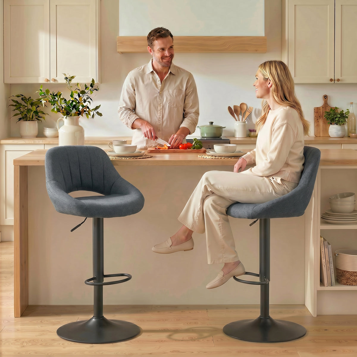 Bar Stools Set of 2, Swivel Counter Height Barstools with Adjustable Height and Cutout Back, Linen Upholstered Bar Chairs with Round Metal Base and Footrest, Dark Grey
