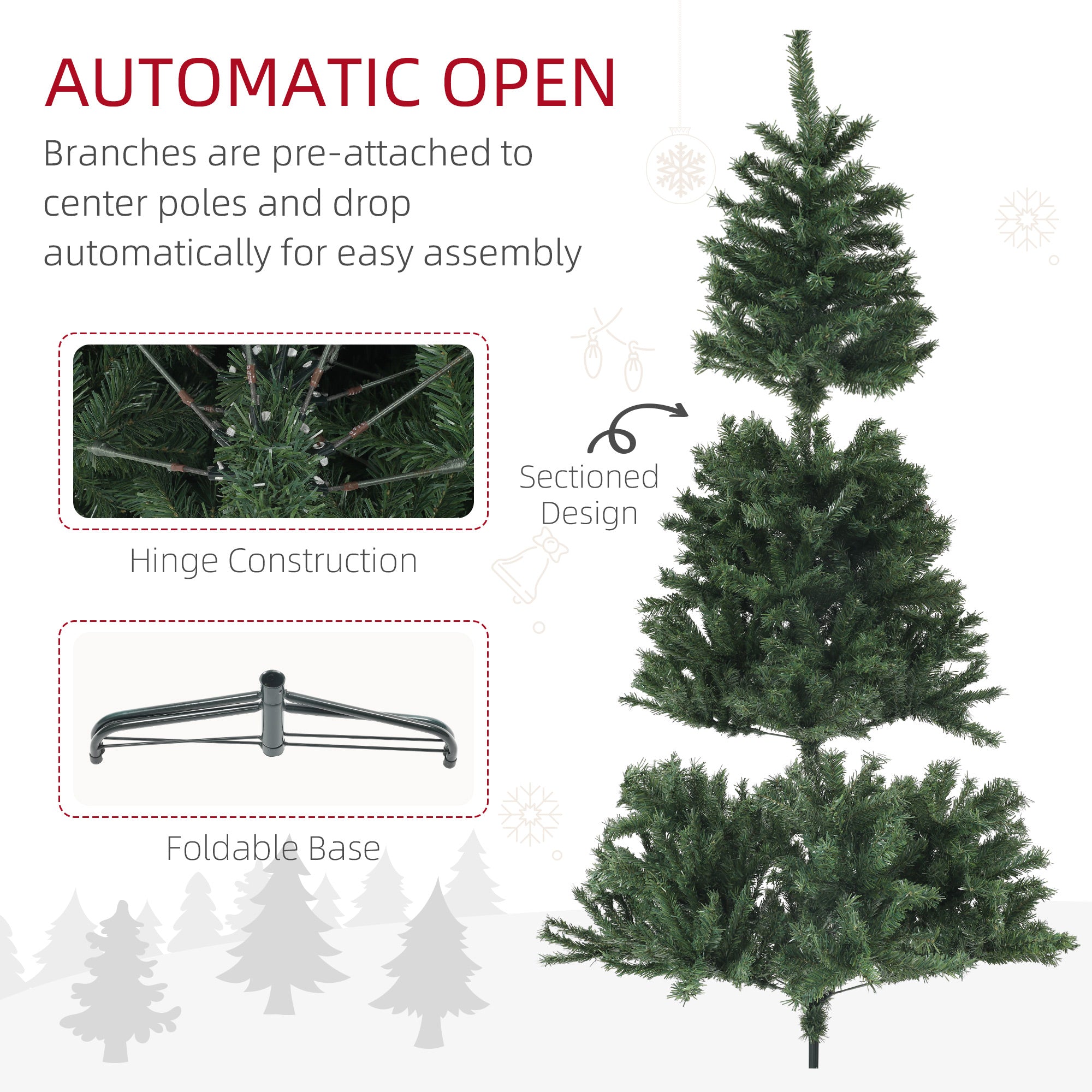 7.5ft Artificial Christmas Tree, Xmas Tree with 1346 Branch Tips, Auto Open Holiday Party Décor with Steel Base for Home Office, Green
