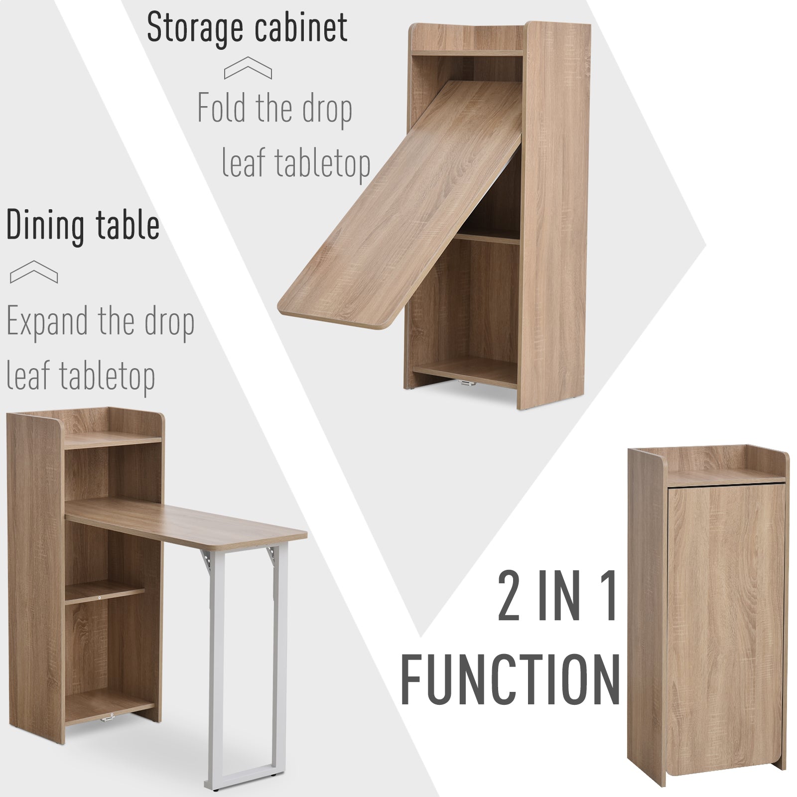 HOMCOM 2 In 1 Folding Table, Drop Leaf Table, Space Saving Dining Table with 4-Tier Shelf for Small Spaces, Oak