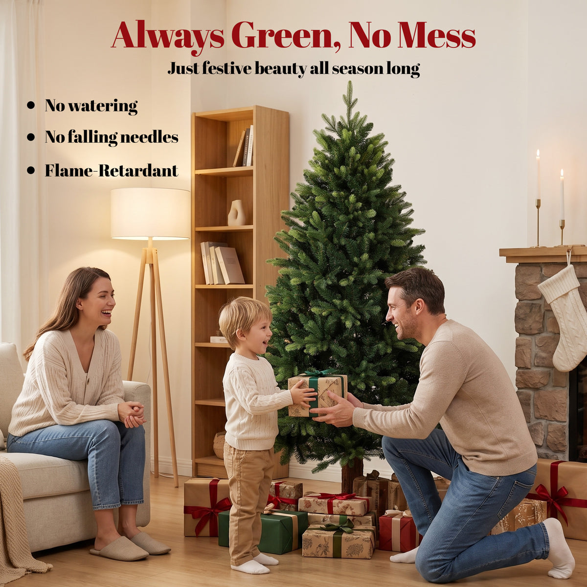 5ft Artificial Christmas Tree, Hinged Xmas Tree with 1620 PE & PVC Branch Tips, Solid Fir Wood Stand, Auto Open for Home Office Holiday Decoration, Green