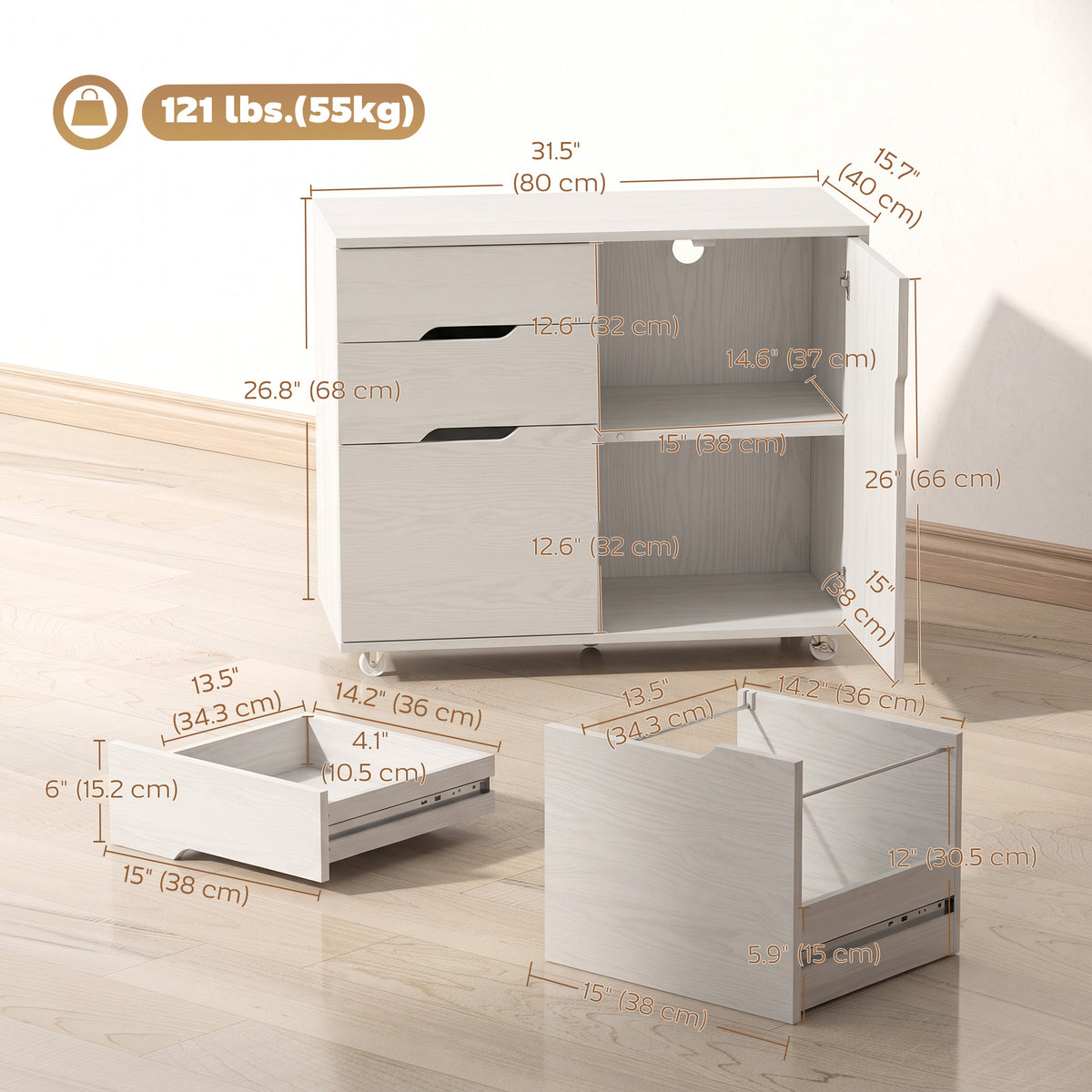 Lateral File Cabinet with Cabinet, Home Office Printer Stand, 3-Drawer Mobile Filing Cabinet, Lockable Wheels, Adjustable Shelf, for A4, Letter-Size Files, White Wood Grain