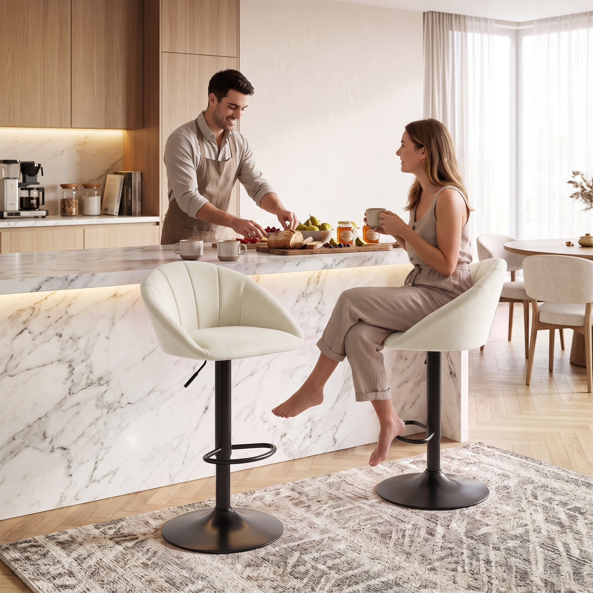 Breakfast Bar Stools Set of 2, Modern Velvet-Feel Swivel BarStools, Adjustable Counter Height Bar Chairs with Backrest and Footrest for Kitchen Island, Dining Room, Bar, Cream White