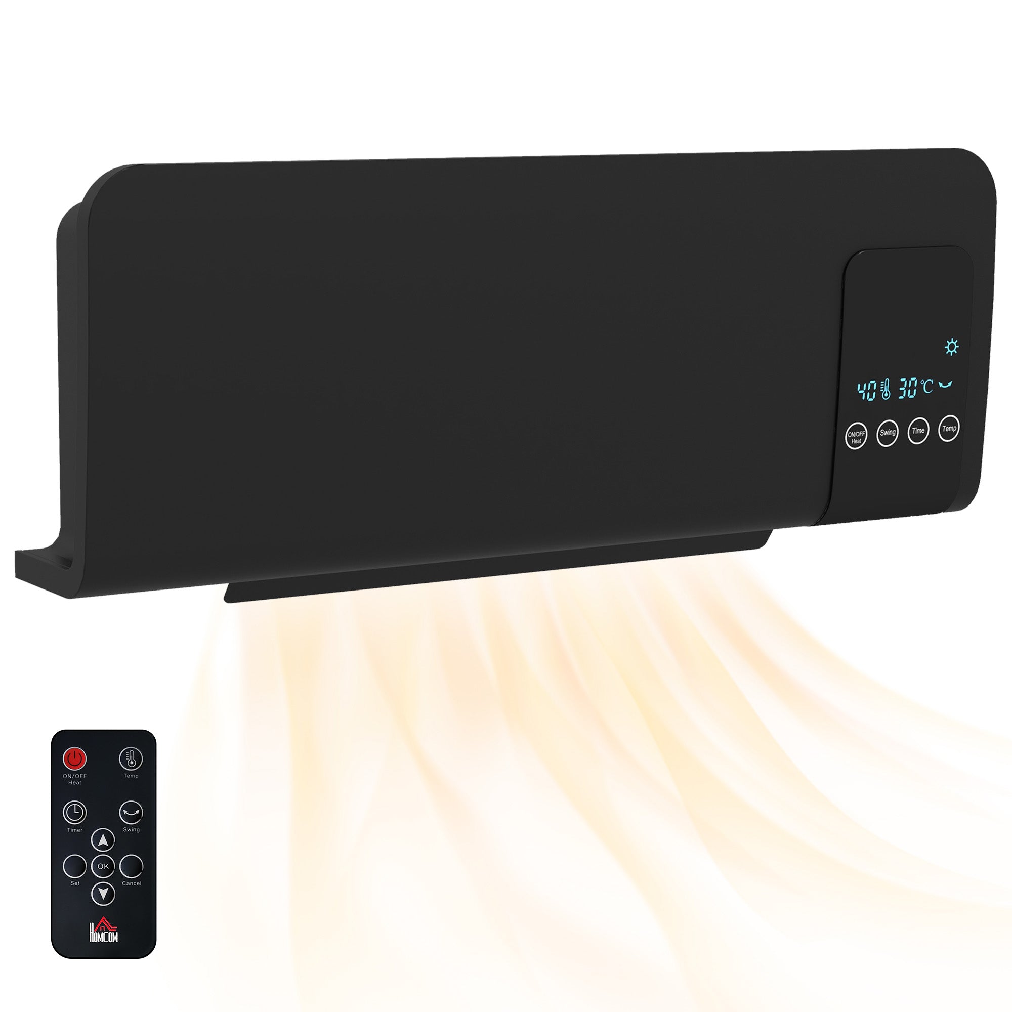 HOMCOM Electric Heater, 2000W Wall Mounted Space Heater with Remote Control, 2 Modes, Timer, Oscillation, Overheat Protection, Ceramic Heater for Home, Black