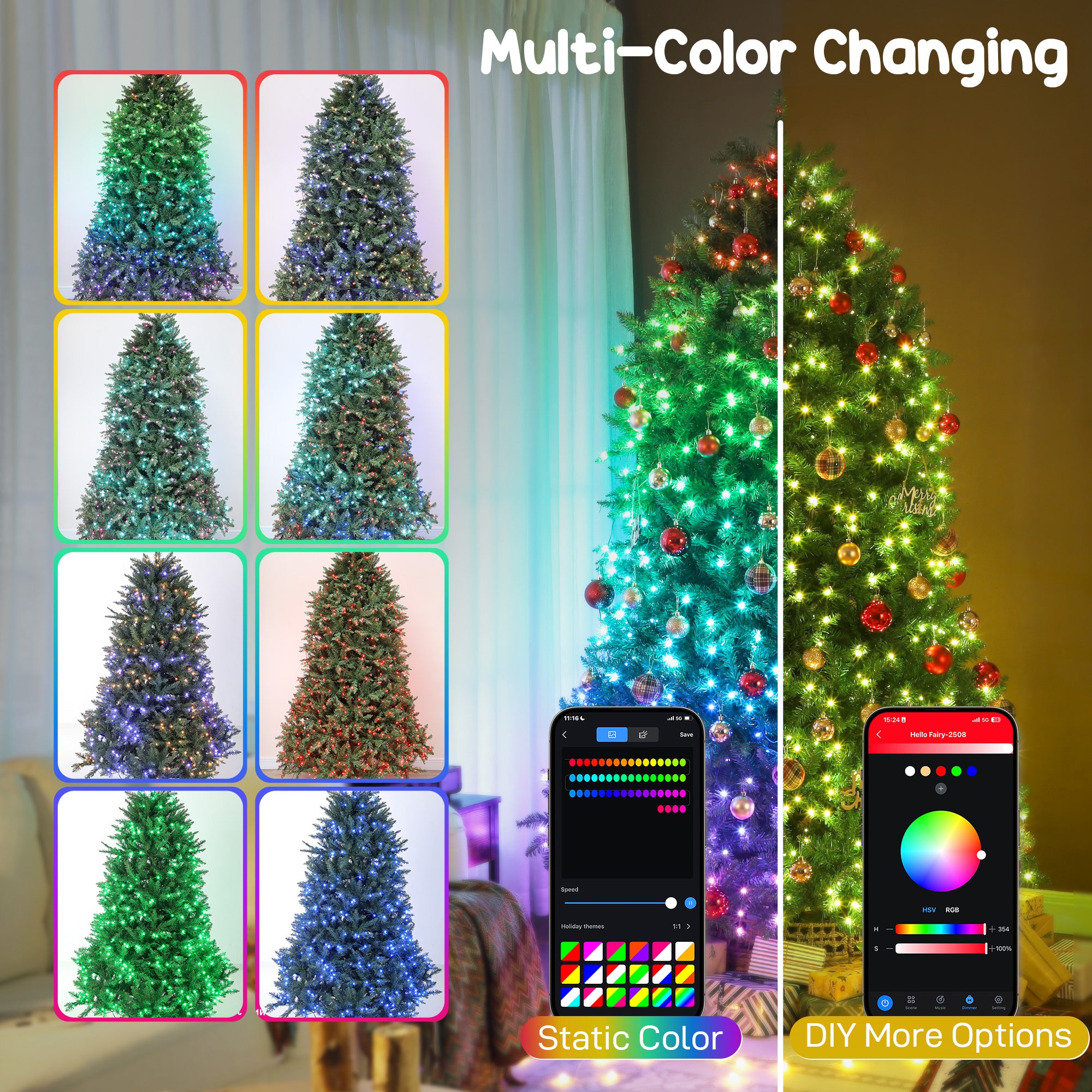 6ft Smart Prelit Christmas Tree with Full-Spectrum RGB Dimmable LEDs, App and Remote Control, Wide Full Hinged Xmas Tree, Easy Assembly, Artificial Holiday Decoration, Green