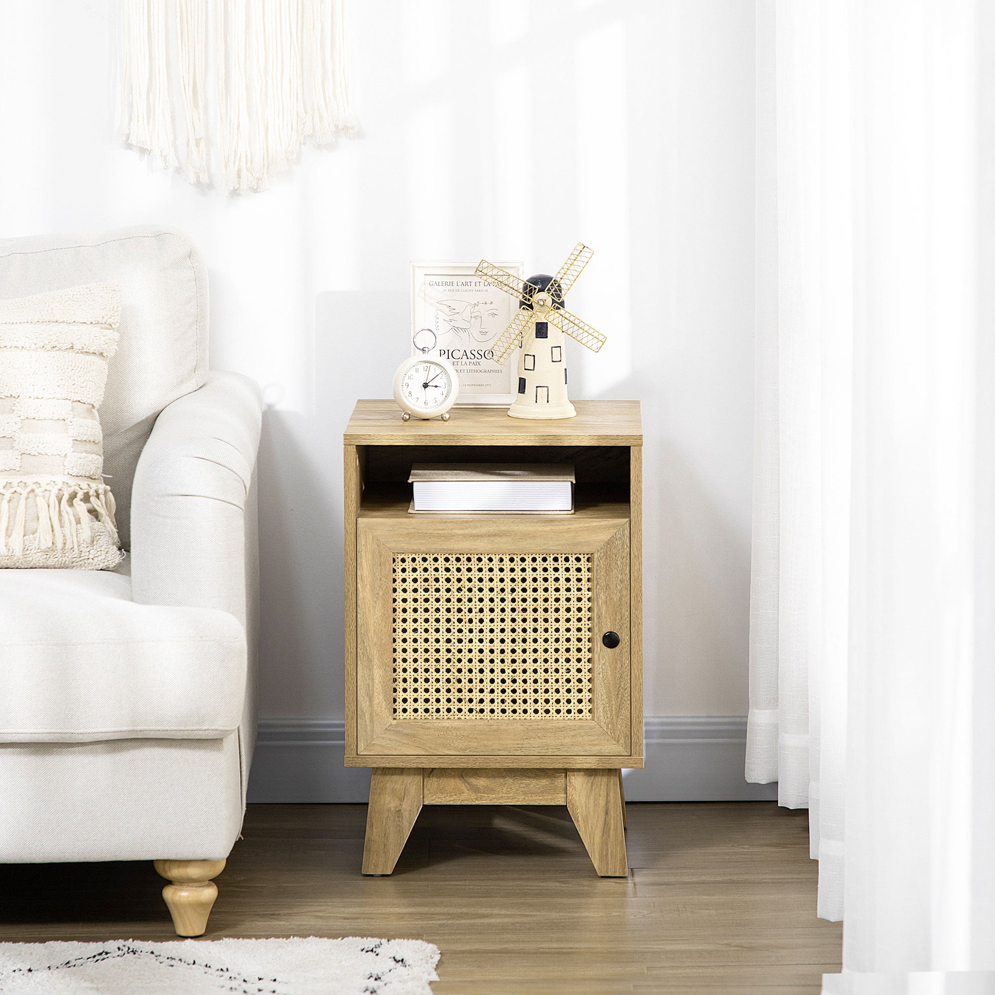 HOMCOM Bedside Table Nightstand with Storage Shelf and Door Cupboard, Side End Table with Rattan Element for Living Room, Bedroom, Natural