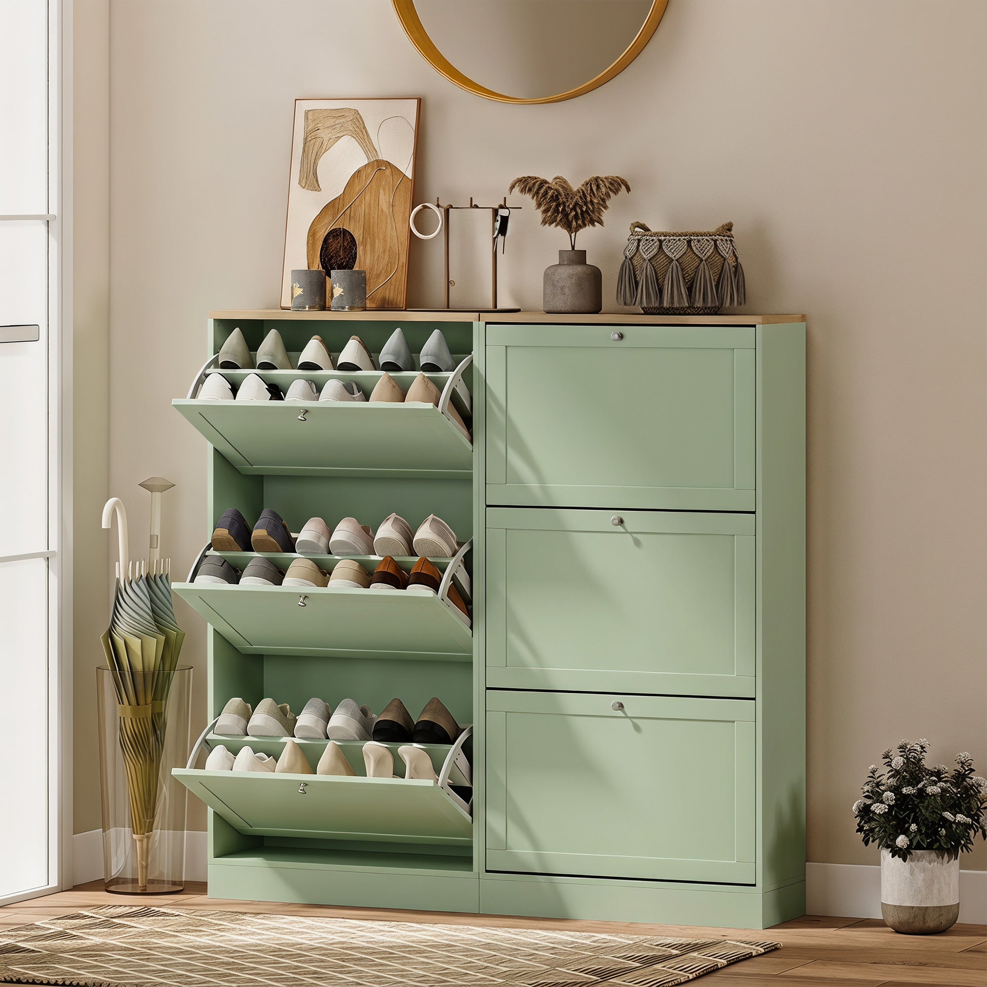 Modern Shoe Storage Cabinet with 3 Flip Drawers, Wooden Freestanding Shoe Cabinet with Adjustable Shelves, 12-18 Pairs, for Entryway, Hallway, Green