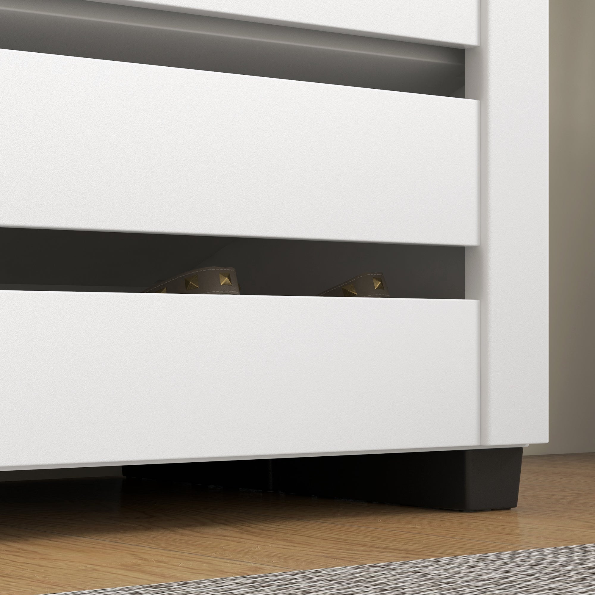 Narrow Shoe Cabinet for Entryway, 5-Tier Slim Shoe Storage Cabinet with 2 Slatted Doors and Adjustable Shelves for 15 Pairs, White