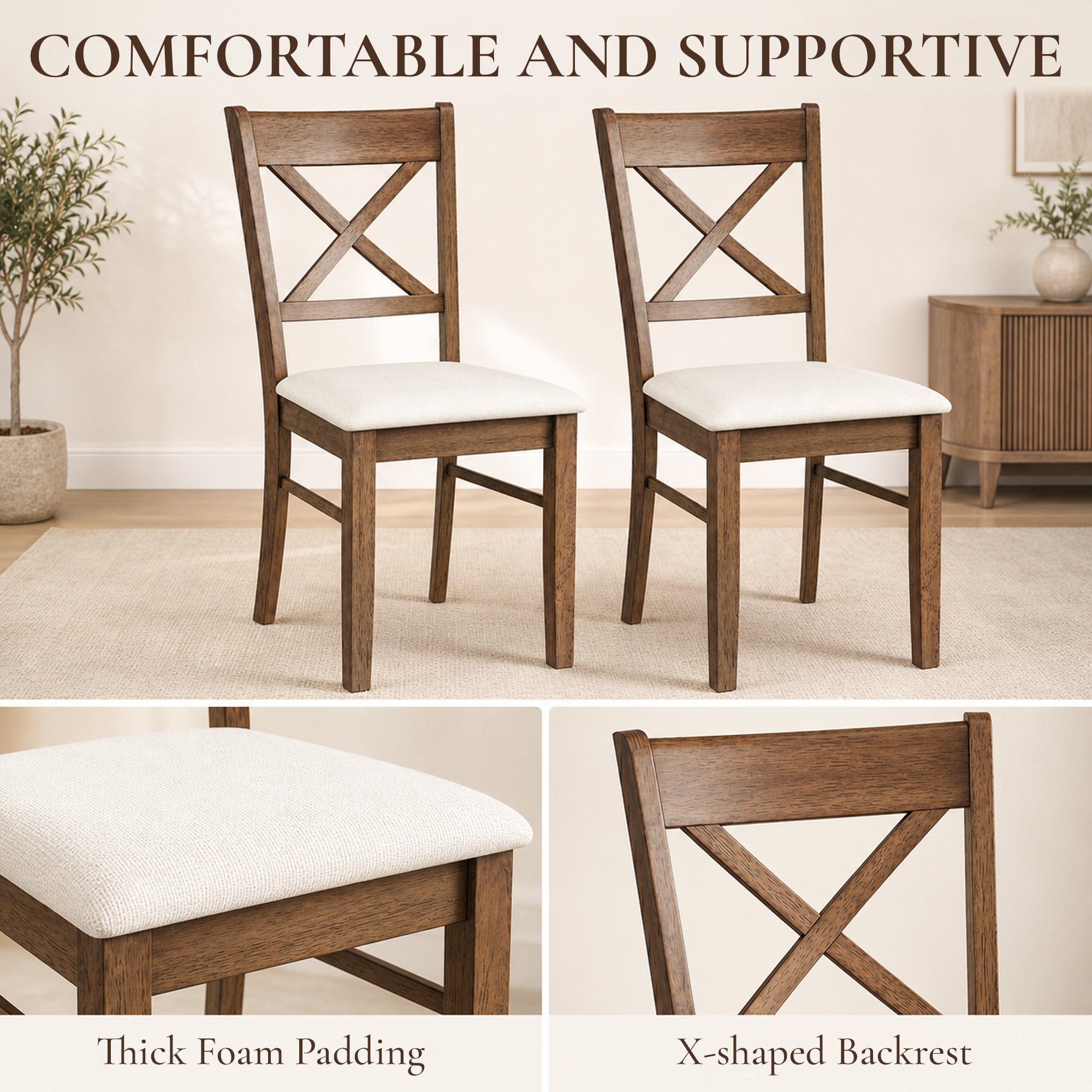 Dining Chairs Set of 2, Upholstered Kitchen Chairs with Rubberwood Frame, Padded Seat and X-Back for Living Room, Dining Room, Kitchen, Walnut