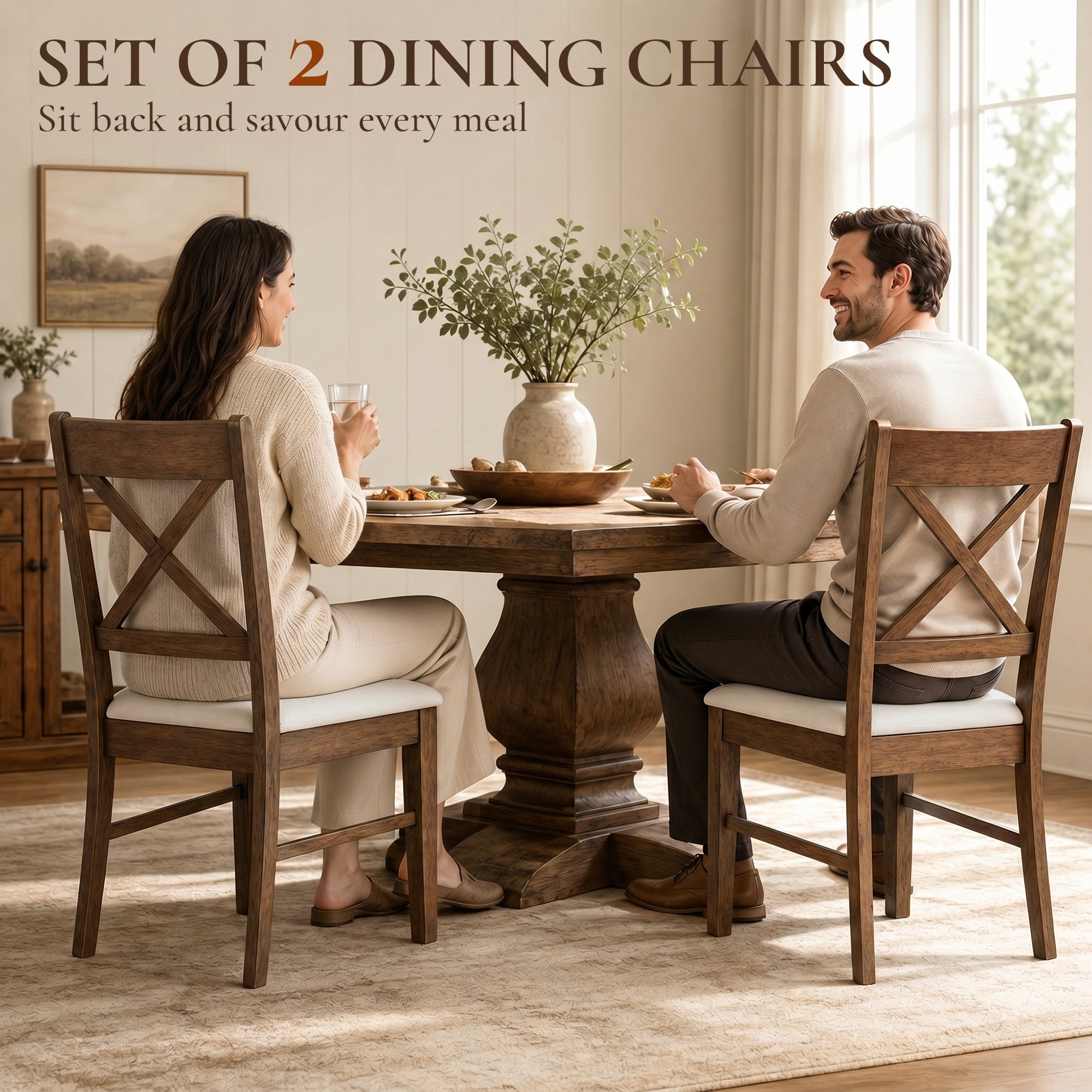 Dining Chairs Set of 2, Upholstered Kitchen Chairs with Rubberwood Frame, Padded Seat and X-Back for Living Room, Dining Room, Kitchen, Walnut