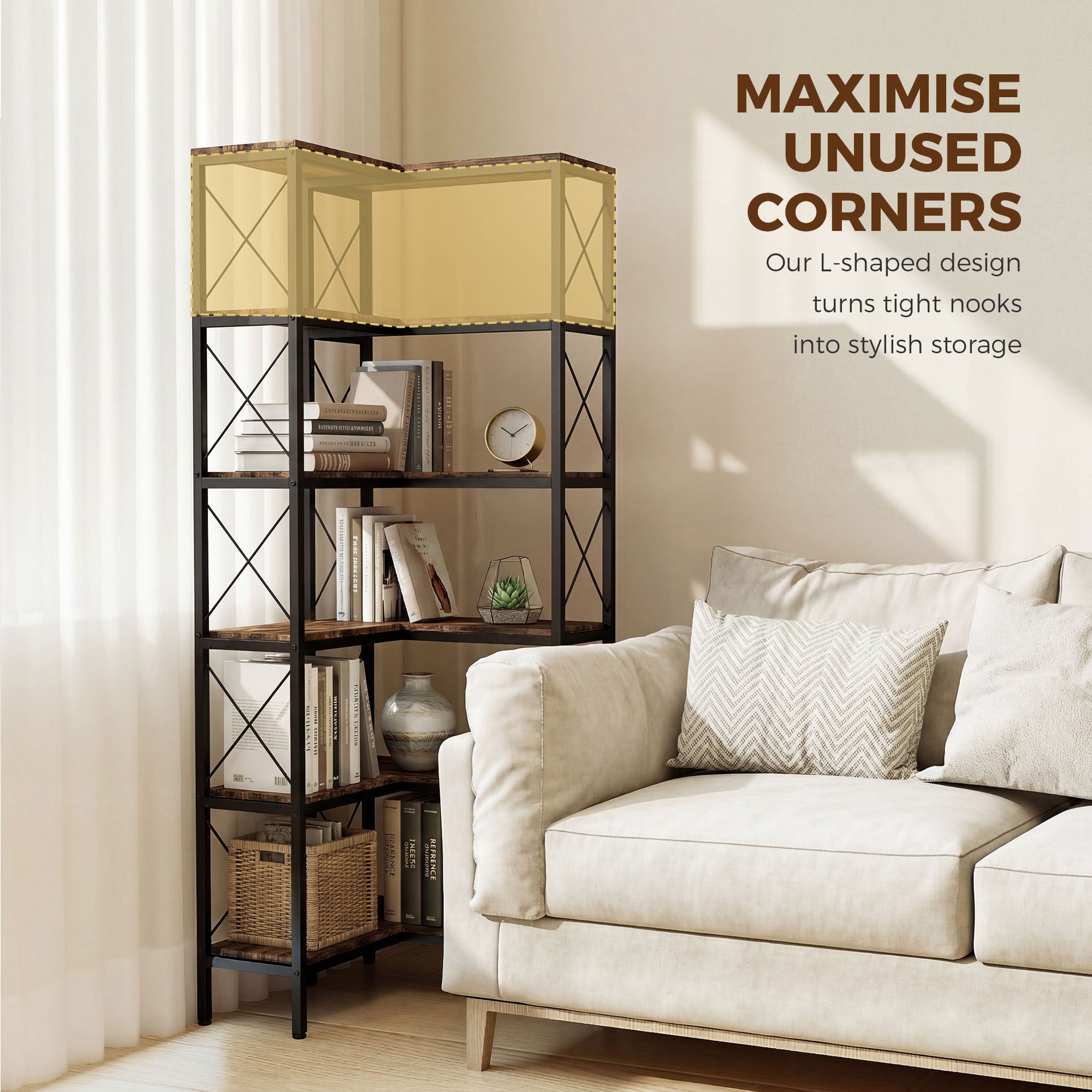 L-Shaped Bookshelf, 5-Tier Corner Bookcase, Freestanding Storage Shelf with Metal Frame for Living Room, Home Study, Rustic Brown