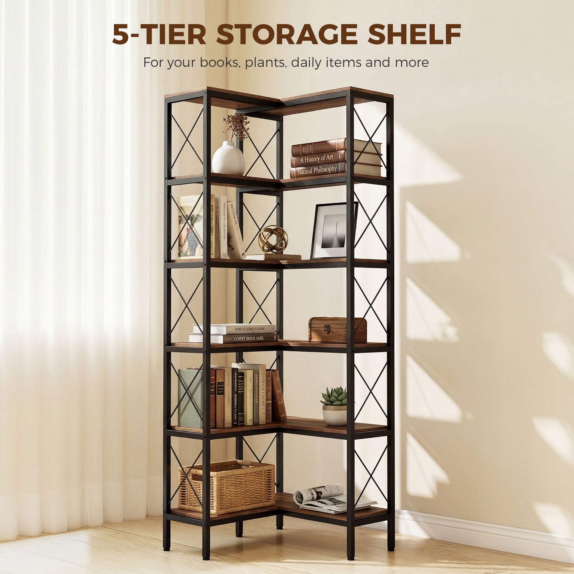 L-Shaped Bookshelf, 5-Tier Corner Bookcase, Freestanding Storage Shelf with Metal Frame for Living Room, Home Study, Rustic Brown