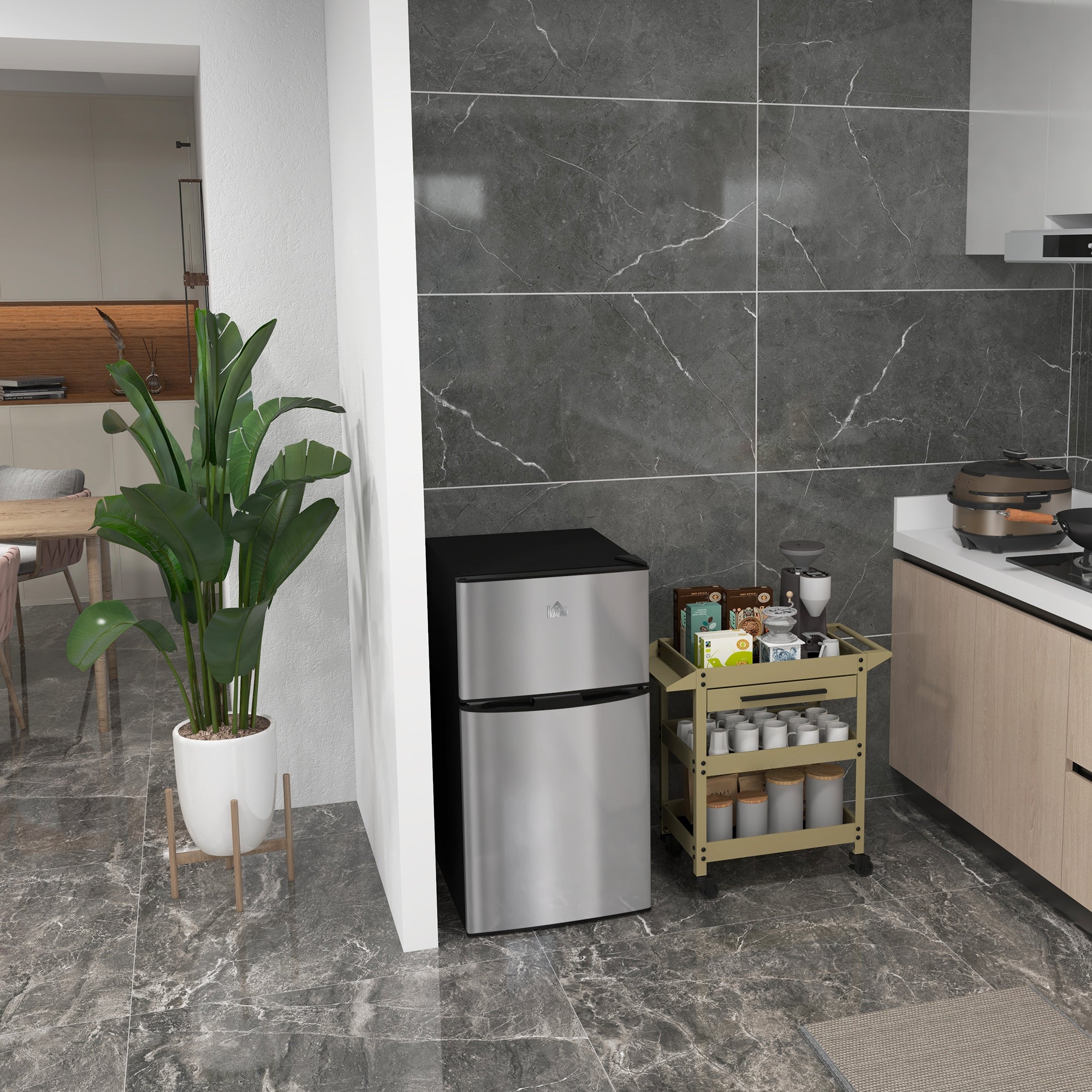 88L Under Counter Fridge Freezer with 5-Setting Thermostat, Small Fridge with Inner Light, 2 Reversible Doors, Removable Shelves and Ice Box, 3 Star Freezer Rating, E Rated, Black and Silver