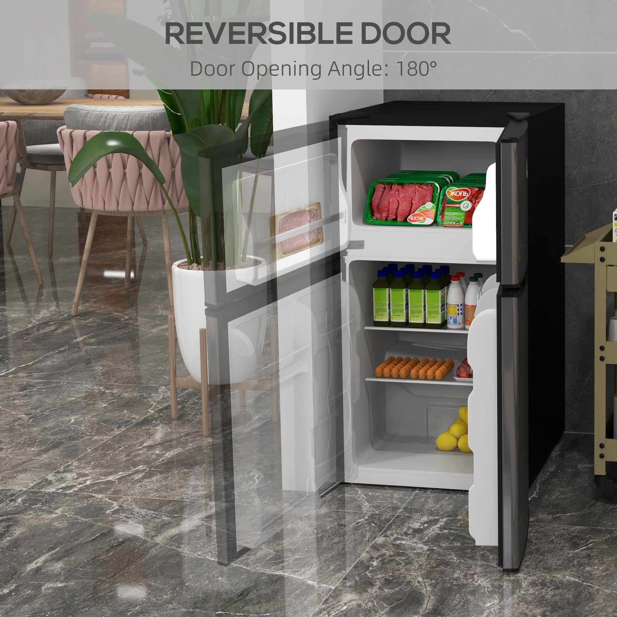 88L Under Counter Fridge Freezer with 5-Setting Thermostat, Small Fridge with Inner Light, 2 Reversible Doors, Removable Shelves and Ice Box, 3 Star Freezer Rating, E Rated, Black and Silver