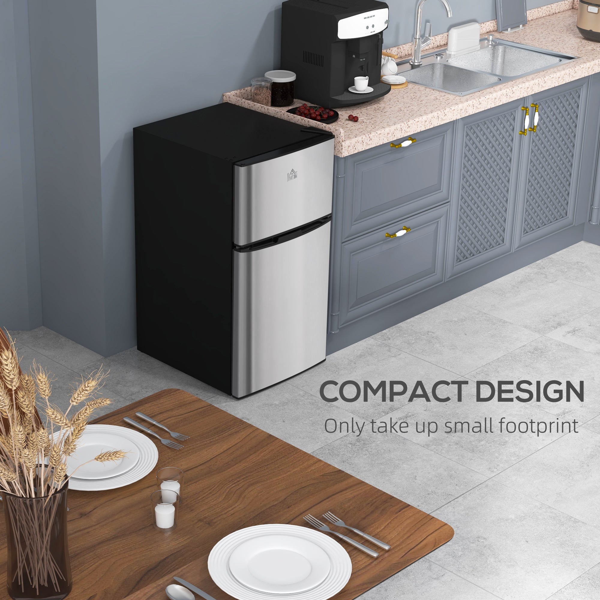 88L Under Counter Fridge Freezer with 5-Setting Thermostat, Small Fridge with Inner Light, 2 Reversible Doors, Removable Shelves and Ice Box, 3 Star Freezer Rating, E Rated, Black and Silver
