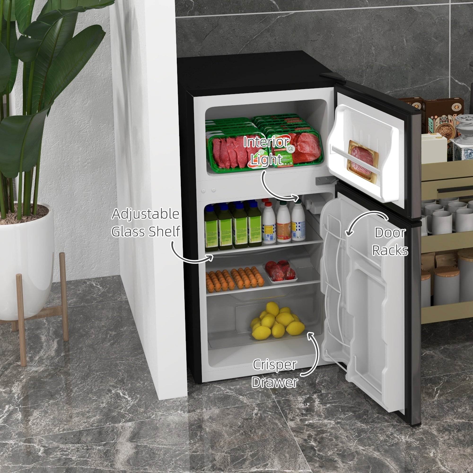 88L Under Counter Fridge Freezer with 5-Setting Thermostat, Small Fridge with Inner Light, 2 Reversible Doors, Removable Shelves and Ice Box, 3 Star Freezer Rating, E Rated, Black and Silver