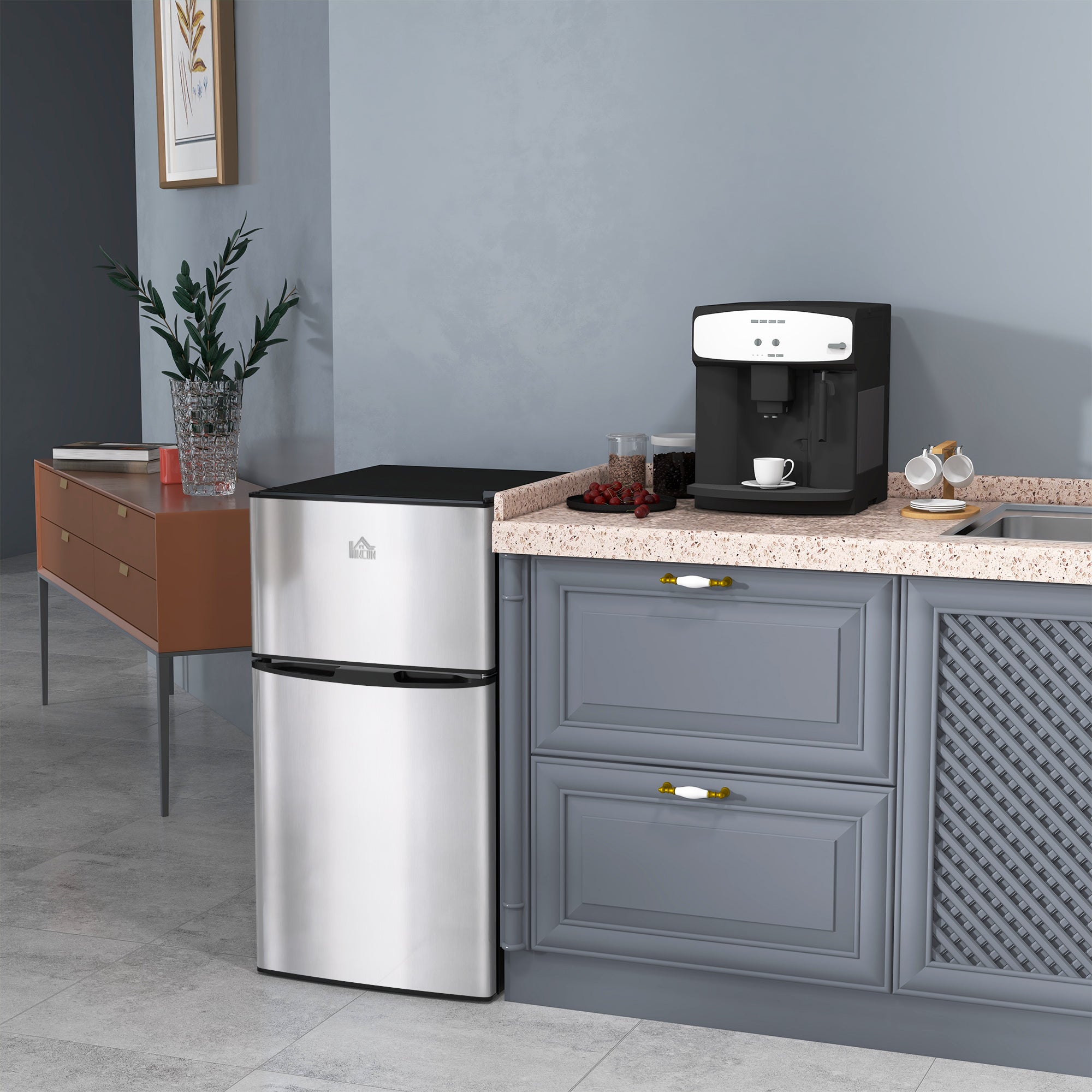 88L Under Counter Fridge Freezer with 5-Setting Thermostat, Small Fridge with Inner Light, 2 Reversible Doors, Removable Shelves and Ice Box, 3 Star Freezer Rating, E Rated, Black and Silver
