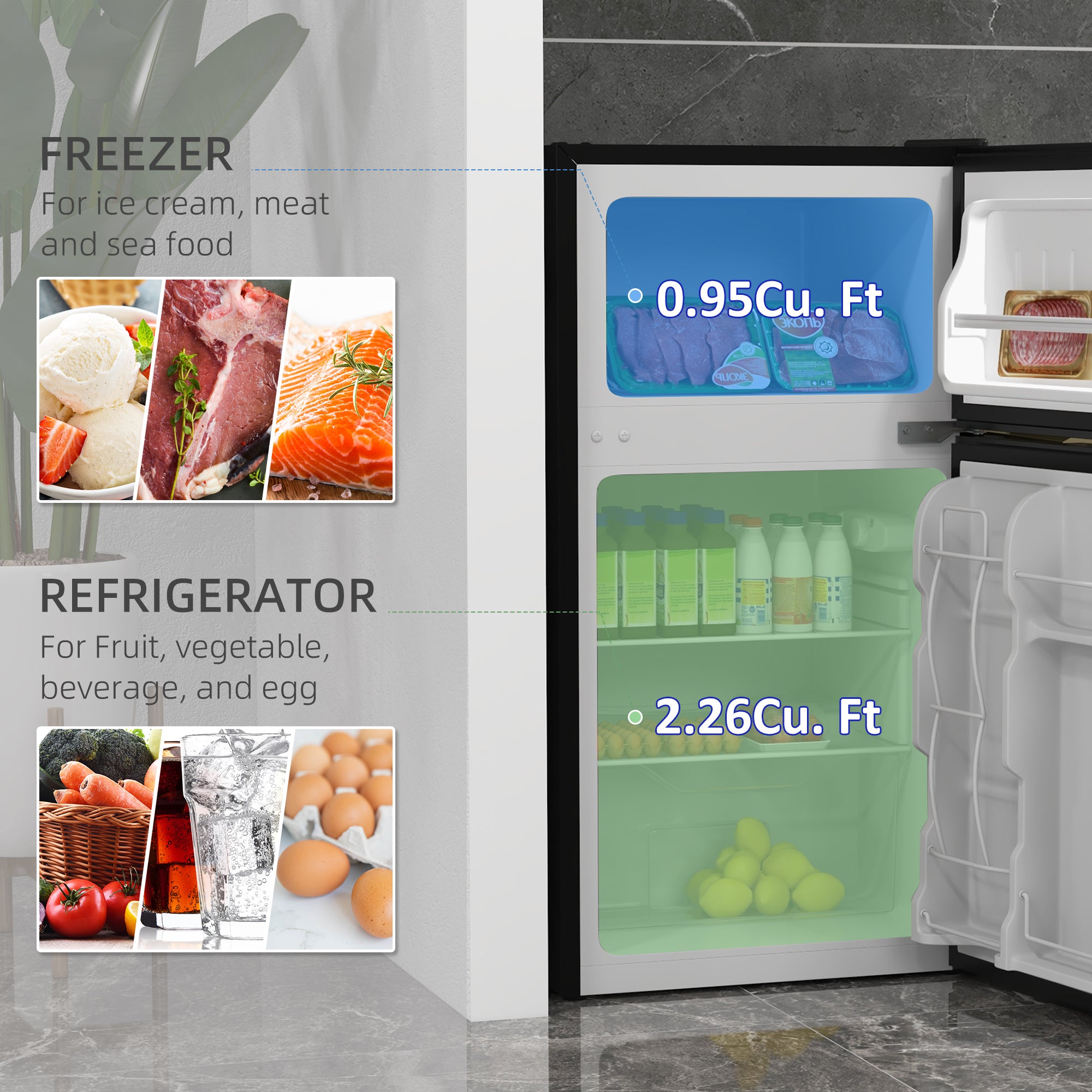 88L Under Counter Fridge Freezer with 5-Setting Thermostat, Small Fridge with Inner Light, 2 Reversible Doors, Removable Shelves and Ice Box, 3 Star Freezer Rating, E Rated, Black and Silver